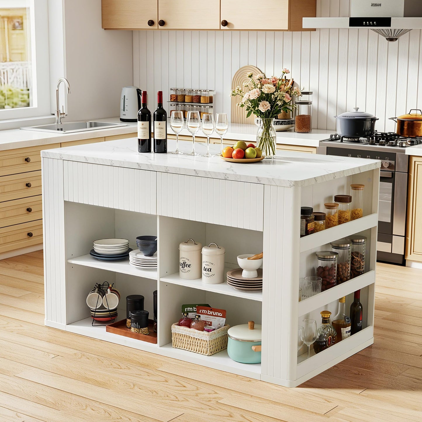 59" Kitchen Island with Storage & Seating for 2, Modern Stationary Kitchen Island with Faux Marble Top, 2 Drawers, Open Shelves & 5 Hooks, Counter Height Prep Table for Dining & Kitchen (White)