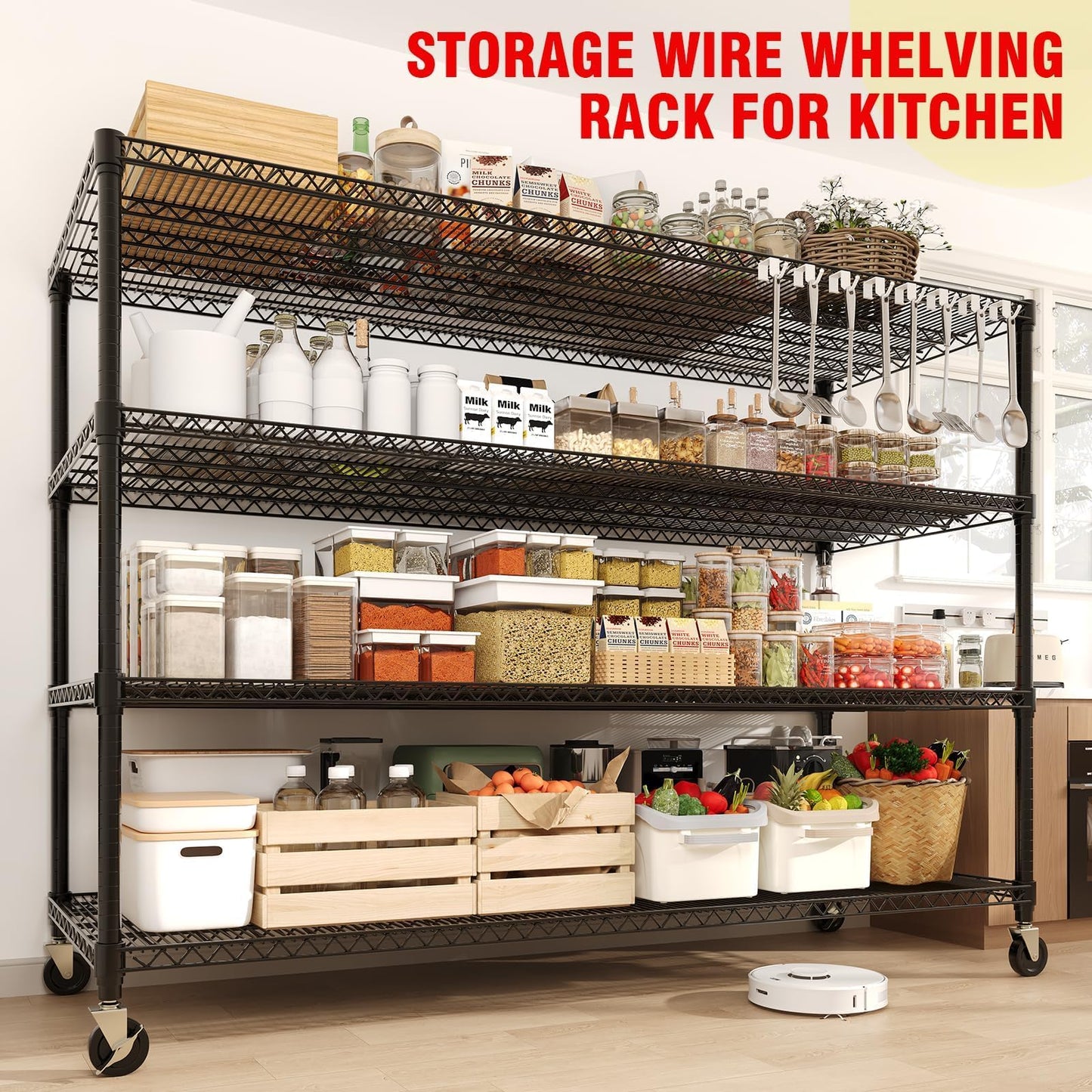 GAOMON 60" W Storage Shelves with Wheels, Metal Shelving Units Heavy Duty 2640LBS with Adjustable Wire Shelf, 4 Tiers Shelf Rolling Garage Shelving Organization, 74" H x 23.6" D