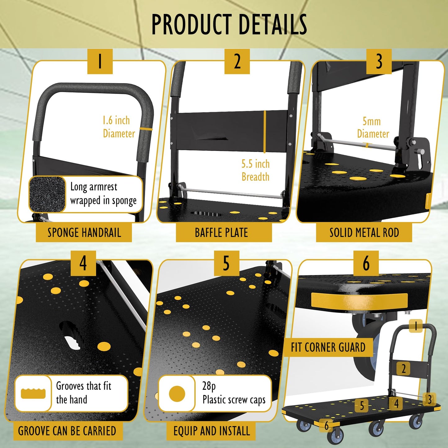 Heavy-Duty Foldable Platform Cart with 6 Wheels & 2000LB Capacity - 360° Swivel & Fixed Casters, Collapsible Push Cart Dolly Black Plastic Trolley, 5" Wheels, Spare Tire & Anti-Collision Corners