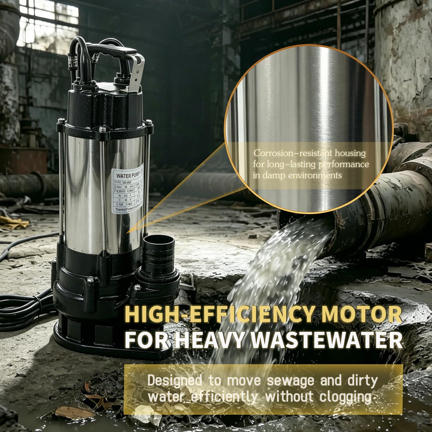 Submersible Sewage Sump Pump, 3/4HP 115V, 6868 GPH Stainless steel Sewage Pump Automatic Float Switch, 2'' NPT Discharge, 10FT Cable for Basement Sump Basin & Sewage Pit
