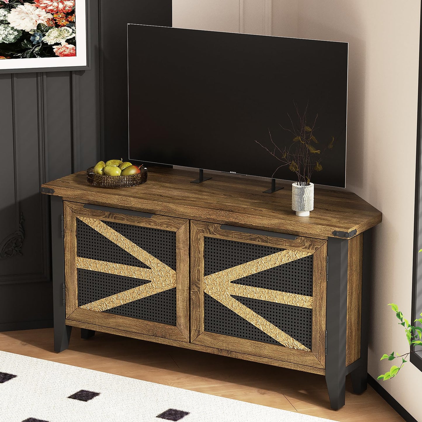 VFK Farmhouse Corner TV Stand for 50 Inch TV, Rustic Entertainment Center with Storage, Space-Saving Media Console Table for Living Room & Bedroom