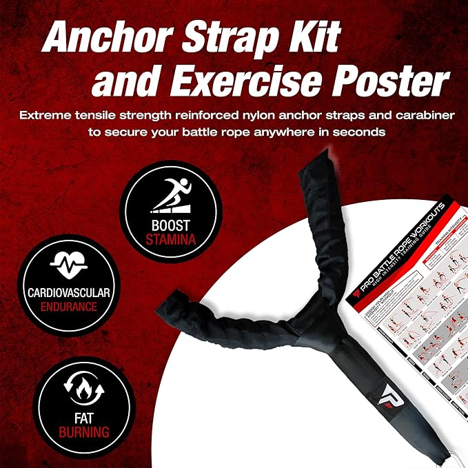 Battle Ropes 50 ft Heavy Duty Battle Rope with Protective Sleeve Black, Plastic, ABS Grip, Adult Strength Training, Cardio, CrossFit