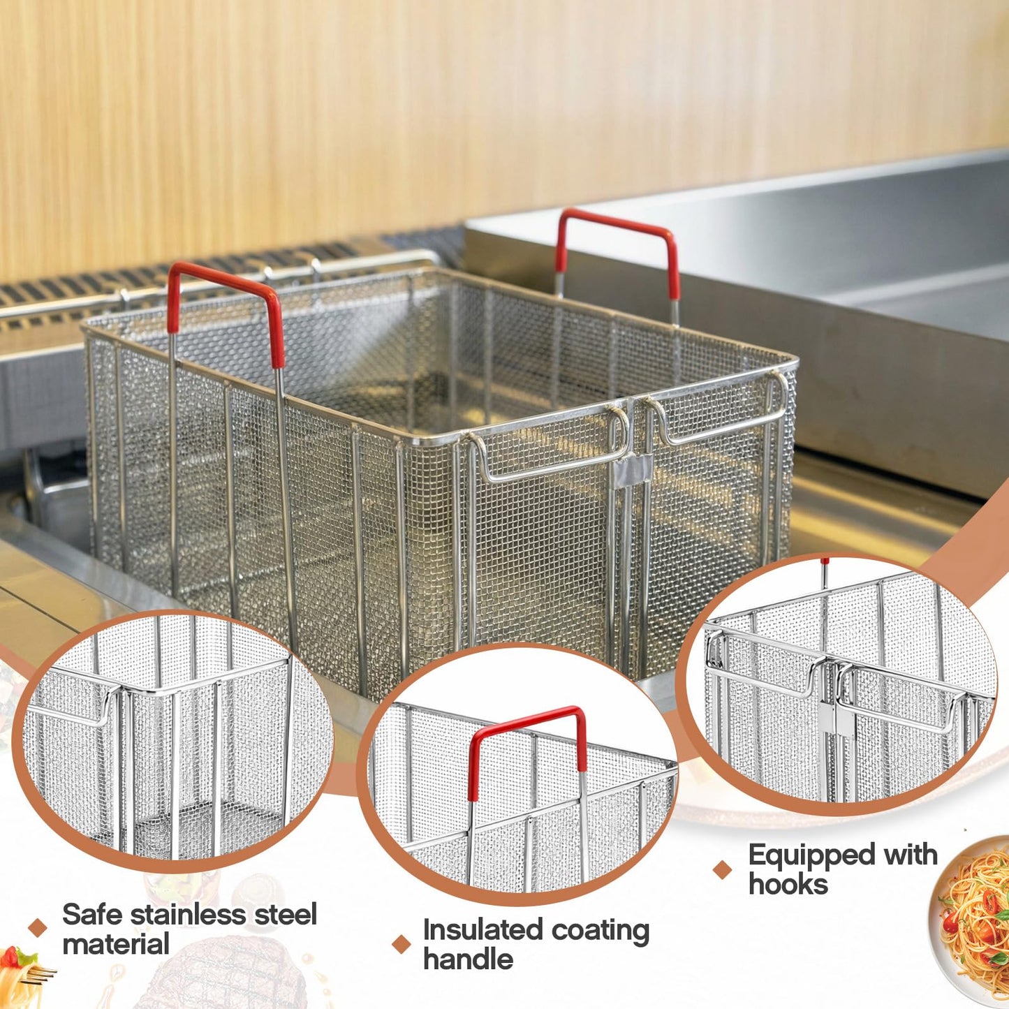 Sawysine Stainless Steel Pasta Basket, 16 Inch Large Rectangle Pasta Boil & Strainer Basket for Kitchen, Commercial Collander with Insulated Red Handle and Drain Hook