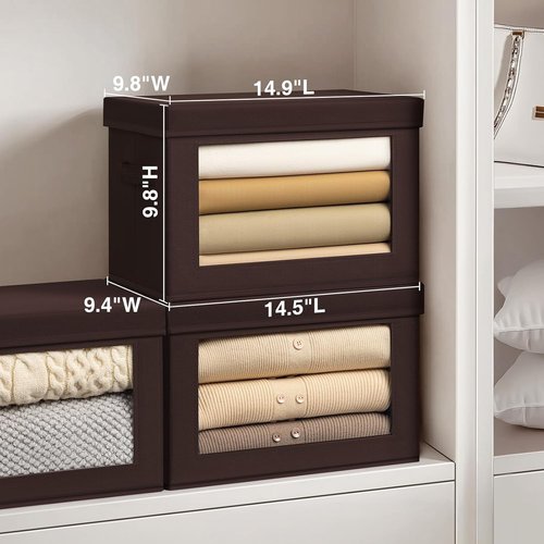 Homsorout Stackable Storage Bins - Medium Foldable Closet Organizers with Lids | 5-Pack, Brown