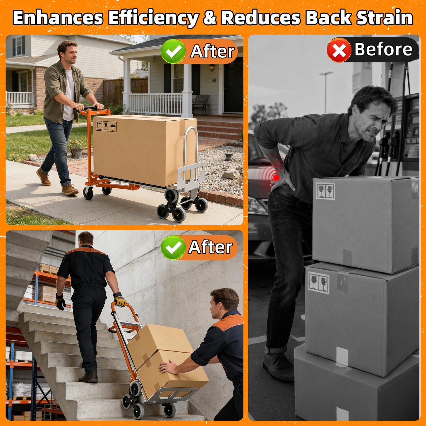 Aluminum 4 in 1 Convertible Hand Truck Dolly Cart with Wheels, 1000Lbs Capacity, Heavy Duty Stair Climbing Hand Trucks with Bungee Cord&Strap for Flat Ground & Stairs, Logistics, Home, Office, Orange