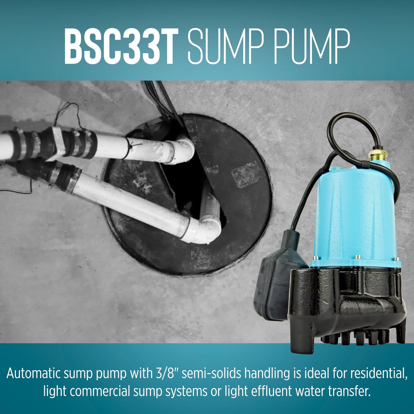 Little Giant BSC33T 1/3 HP, 115 Volt, 3000 GPH Automatic Submersible Cast Iron Sump/Effluent Pump with Piggy-back Tethered Float Switch and 10-Ft. Cord, Blue, 506255