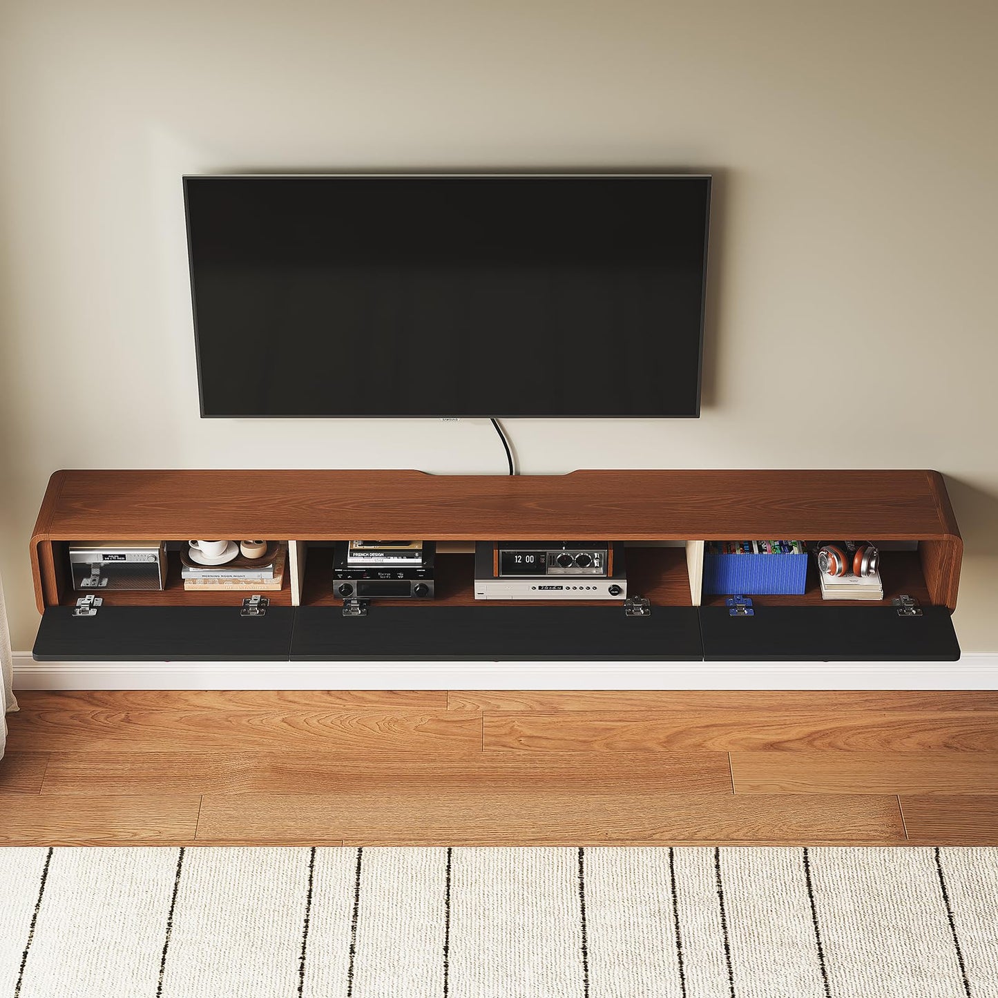 FurniNova Floating TV Console with 3 Doors,Natural Wood Veneer Wall Mounted TV Shelf,Floating Entertainment Center Media Console with Storage for Living Room Bedroom,55inch Walnut