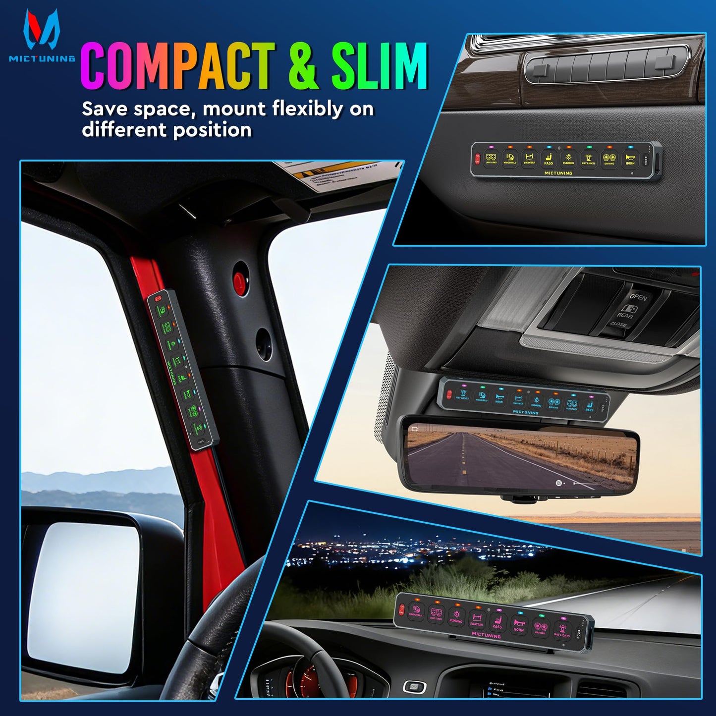 MICTUNING MS-W 8 Gang Wireless Switch Panel Slim Design,208FT Range RGB Auto-dimming Backlit, Rechargeable Multifunction Toggle Momentary Flash Strobe Circuit Control Relay Box for Off Road Truck