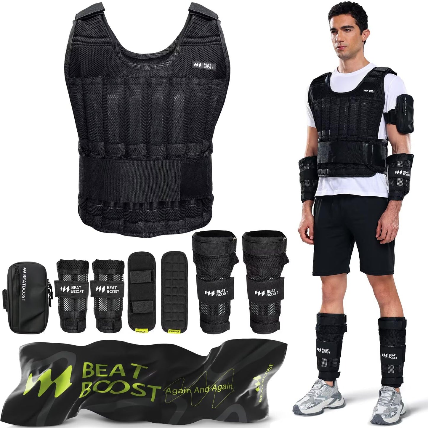BeatBoost Weighted Vest for Men Women 20lb Adjustable Weight Vest Set with Iron Weights, Workout Vest for Strength Training Running Walking, Includes Wrist & Ankle Weights Kit