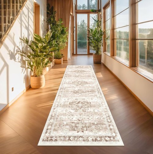 Hazo Haus Beige Washable Hallway Runner Rug - Non-Slip, Stain Resistant, 2'6"x8' Boho Floral Decor