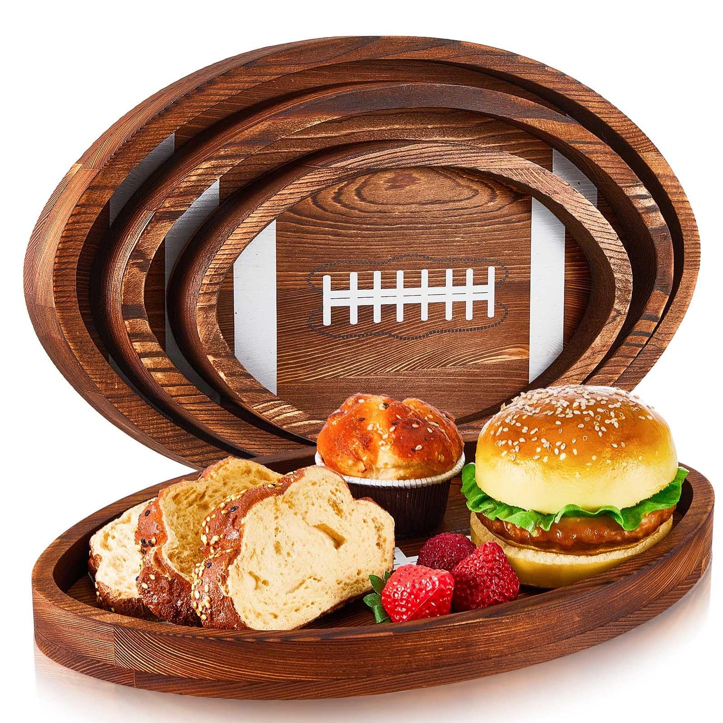 Geetery 3 Pcs Football Serving Trays and Platters Wooden Shaped Football Plates Soccer Serveware Tailgate Party Serving Platter for Game Party Decorations, 13'', 11'', 8.7''