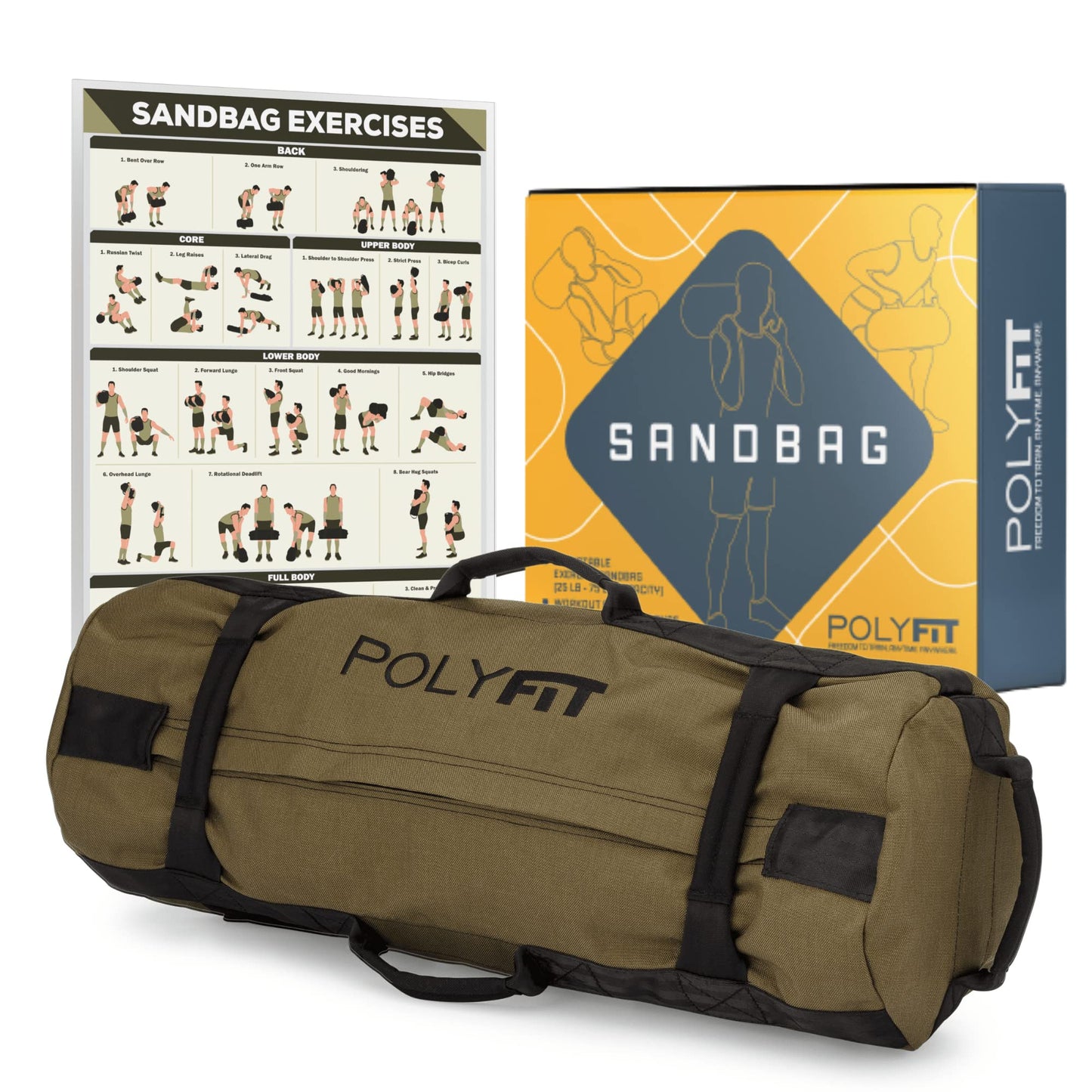 Polyfit Workout Sandbag for Fitness - Heavy Duty Sandbag Workout Bags with 8 Gripping Handles for Sand Bag Weight Training (30lbs to 75lbs) - Green