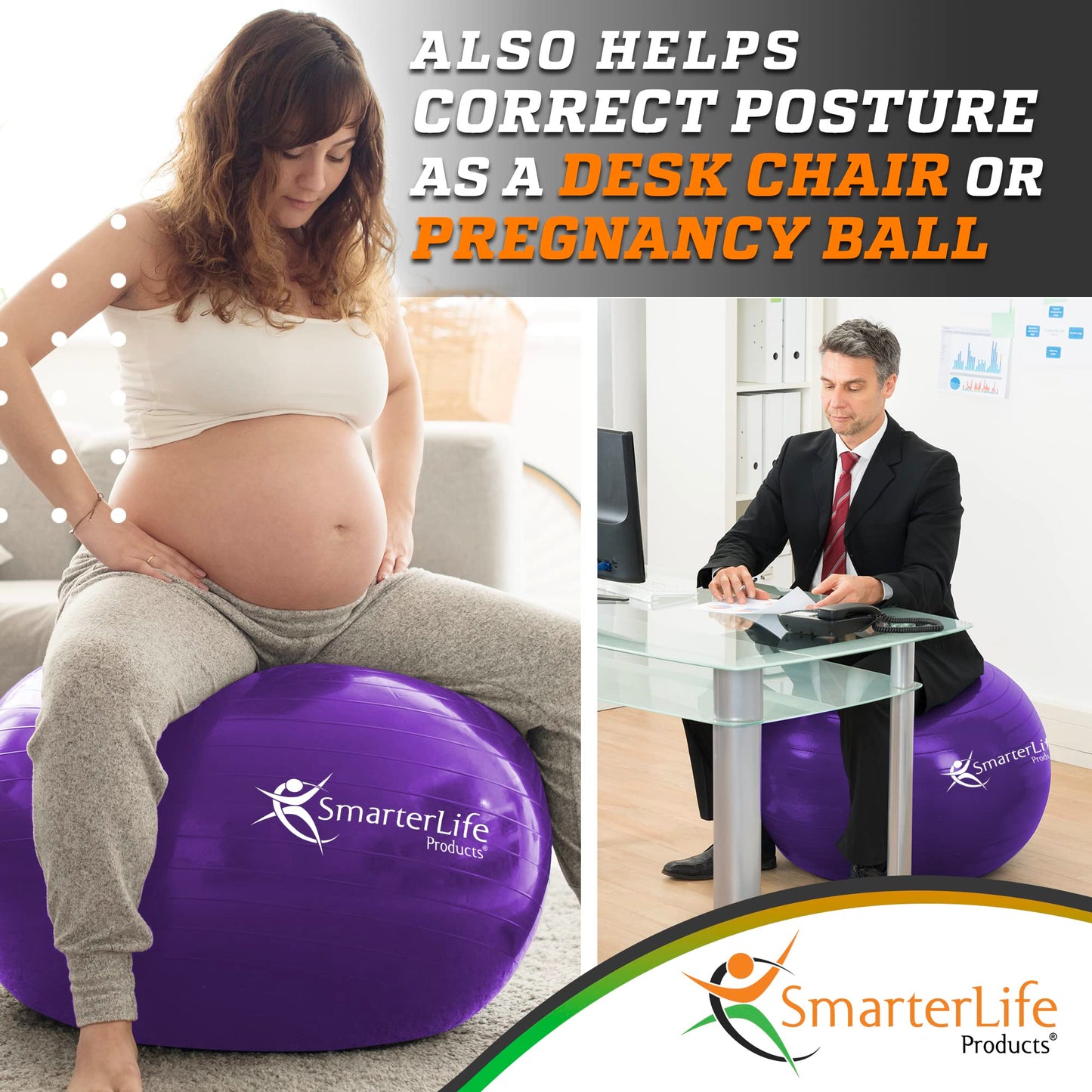 SmarterLife Exercise Ball Yoga Ball for Fitness, Balance, Stability, or Pregnancy, Gym Ball for Core Workout, Physical Therapy, Yoga Ball Chair for Office, Anti-Slip Anti-Burst (65 cm, Purple)