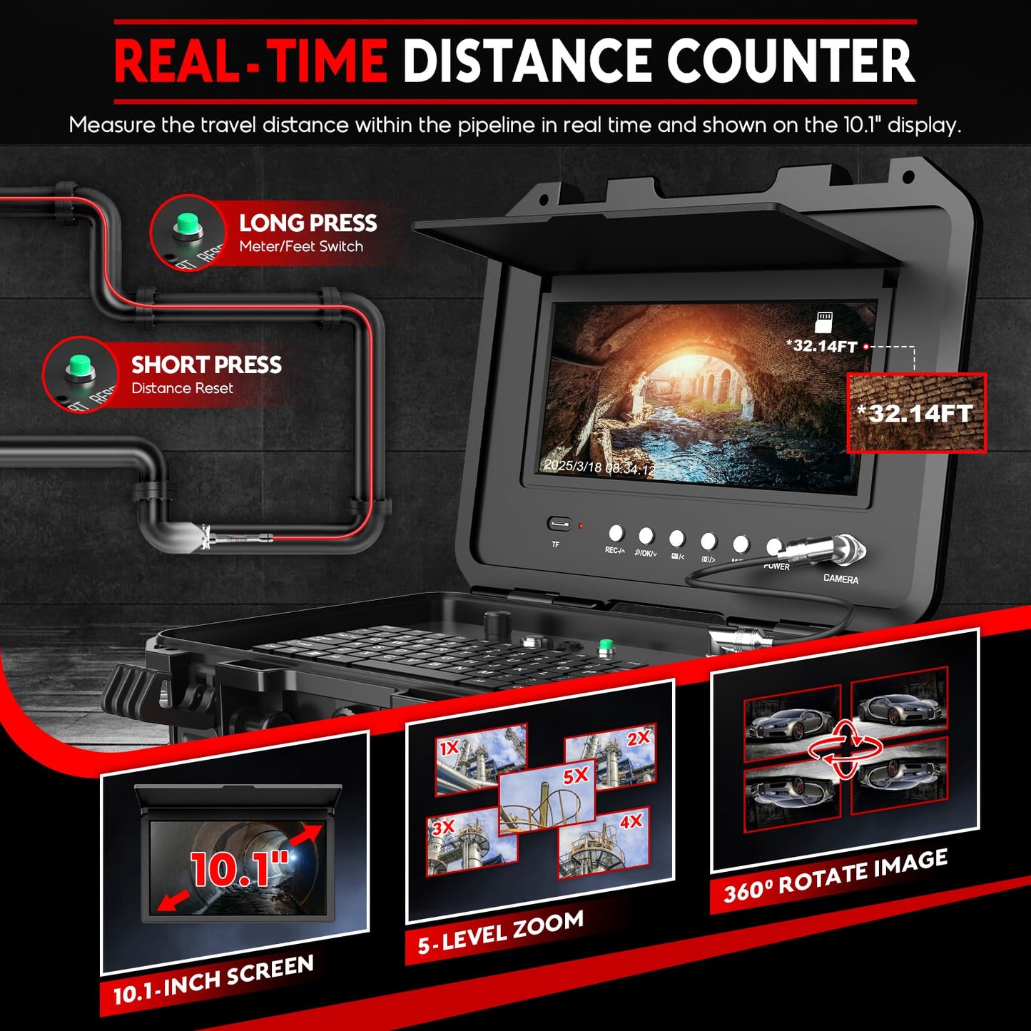 Sewer Camera with Locator 165ft, 7mm Cable Self Leveling Drain Cameras with Distance Counter, Plumbing Camera Snake with Light, 10.1'' HD Pipe Line Borescope Inspection Cam w/DVR (Keyboard Input)