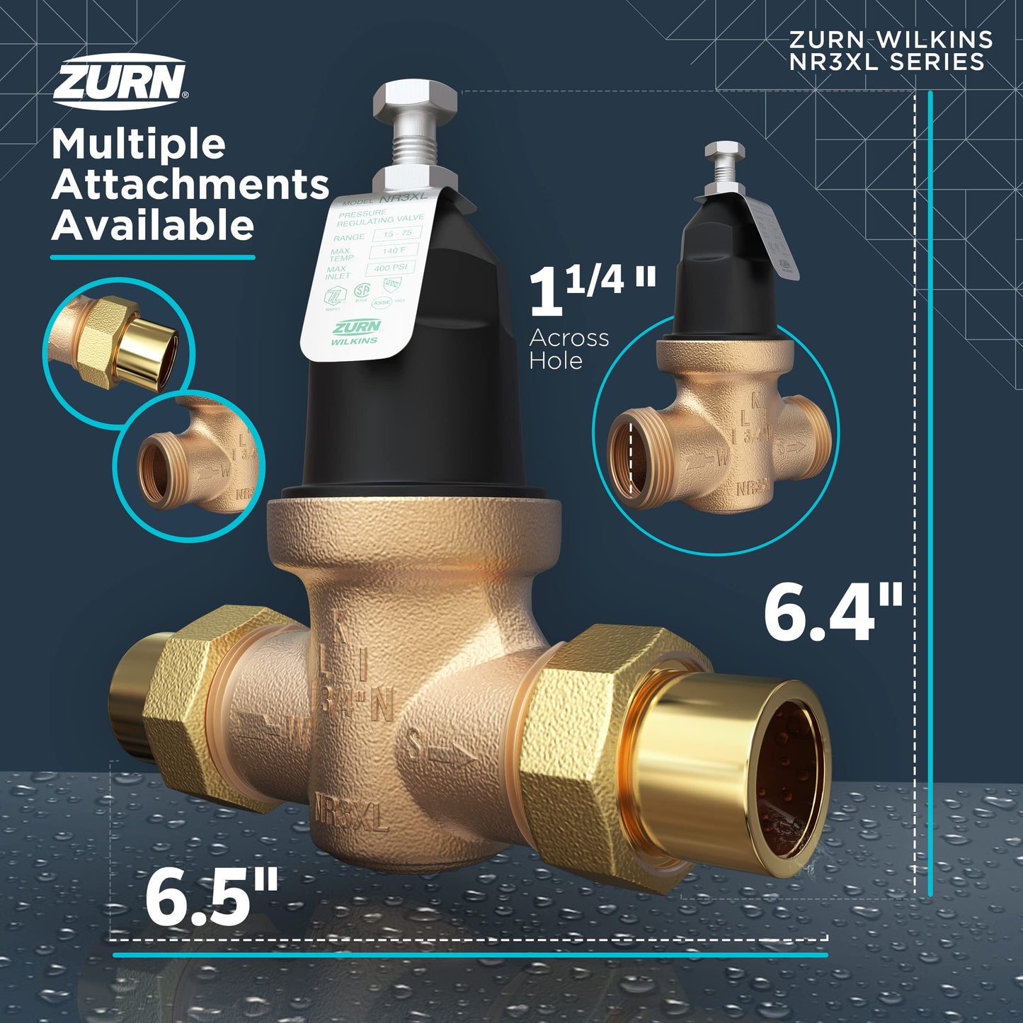 Zurn Wilkins 114-NR3XLDU 1-1/4" NR3XL Pressure Reducing Valve with Double Union FNPT Connection