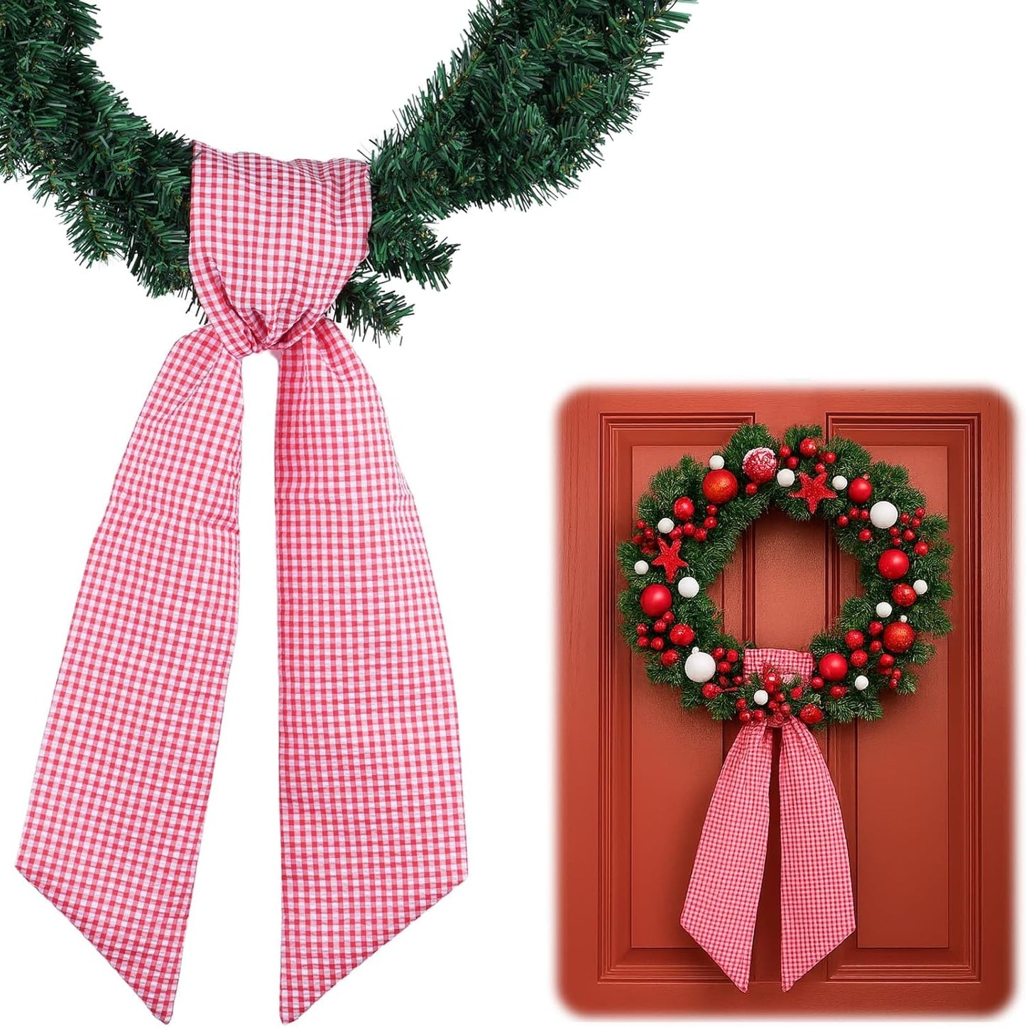 Skiennix Red White Gingham Wreath Sash - 5.12" Wide x 54.33" for Festive Holiday Decor