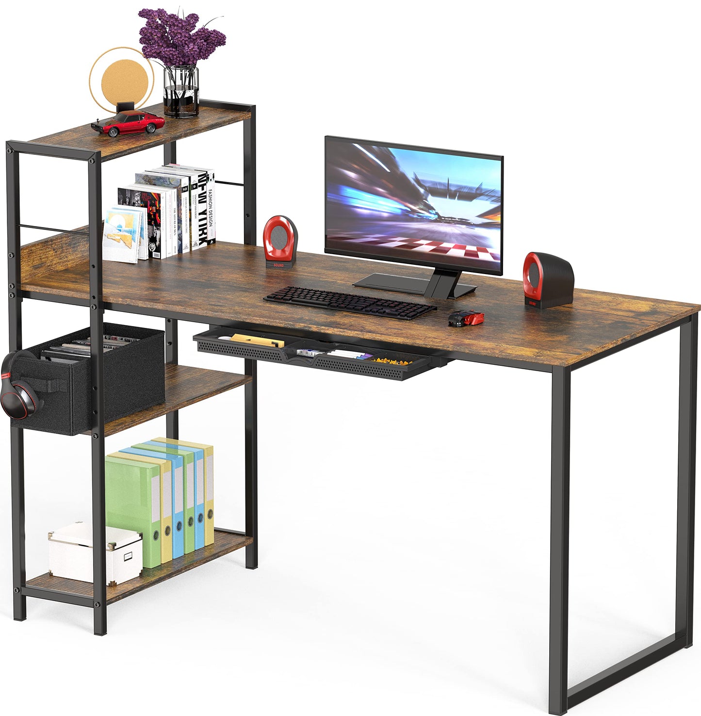 SHW 46-Inch Home Office Mission Computer Desk with Side Shelf and Drawer, Rustic Brown