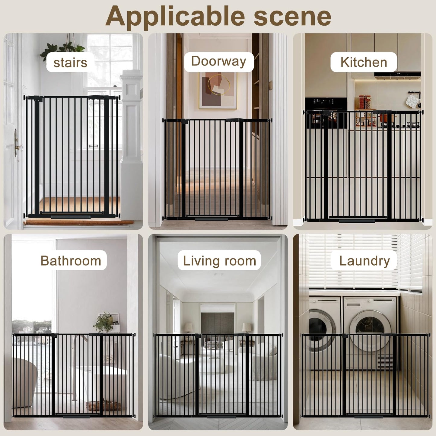 WAOWAO 40.55" Extra Tall 1.37" Ultra Narrow Spacing 69.49-77.36" Extra Wide Dogs Pets Baby Gate Safety Indoor Puppy Pressure Mounted Gate No Drill Black Metal for Stairs,Doorways,Kitchen,Hallway