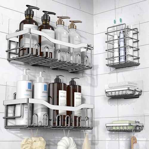 EUDELE Rustproof Stainless Steel Shower Caddy - No Drill Adhesive Organizer | XL Size for Bathroom & Kitchen Storage