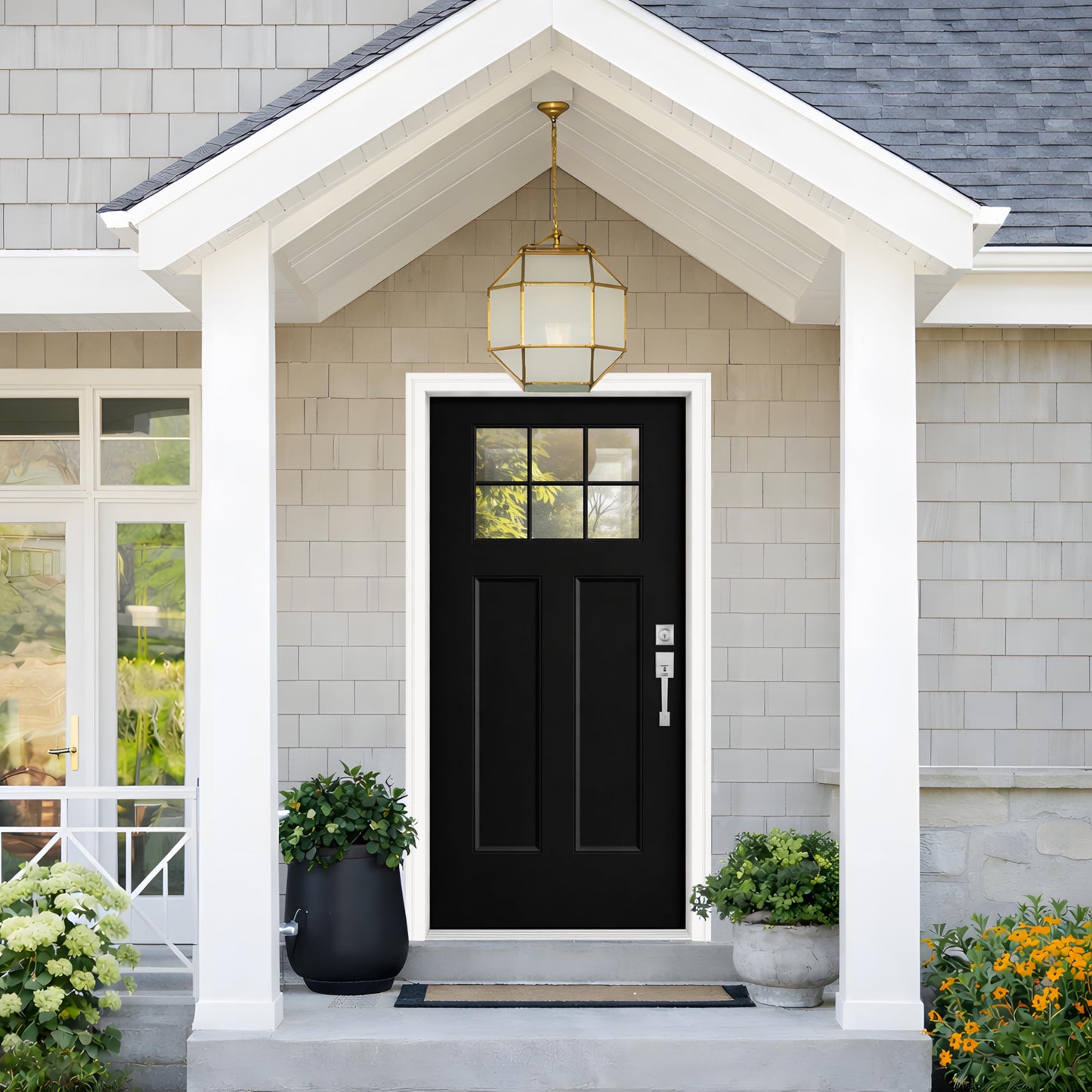Fiberglass Front Entry Door, 36'' X 80" Black Exterior Door Left Hand Inswing with Brickmould, Vinyl Frame, Woodgrain Finish Knock-Down Door, 6-Lite Low-E Glass Energy Efficiency for Home's Entrance