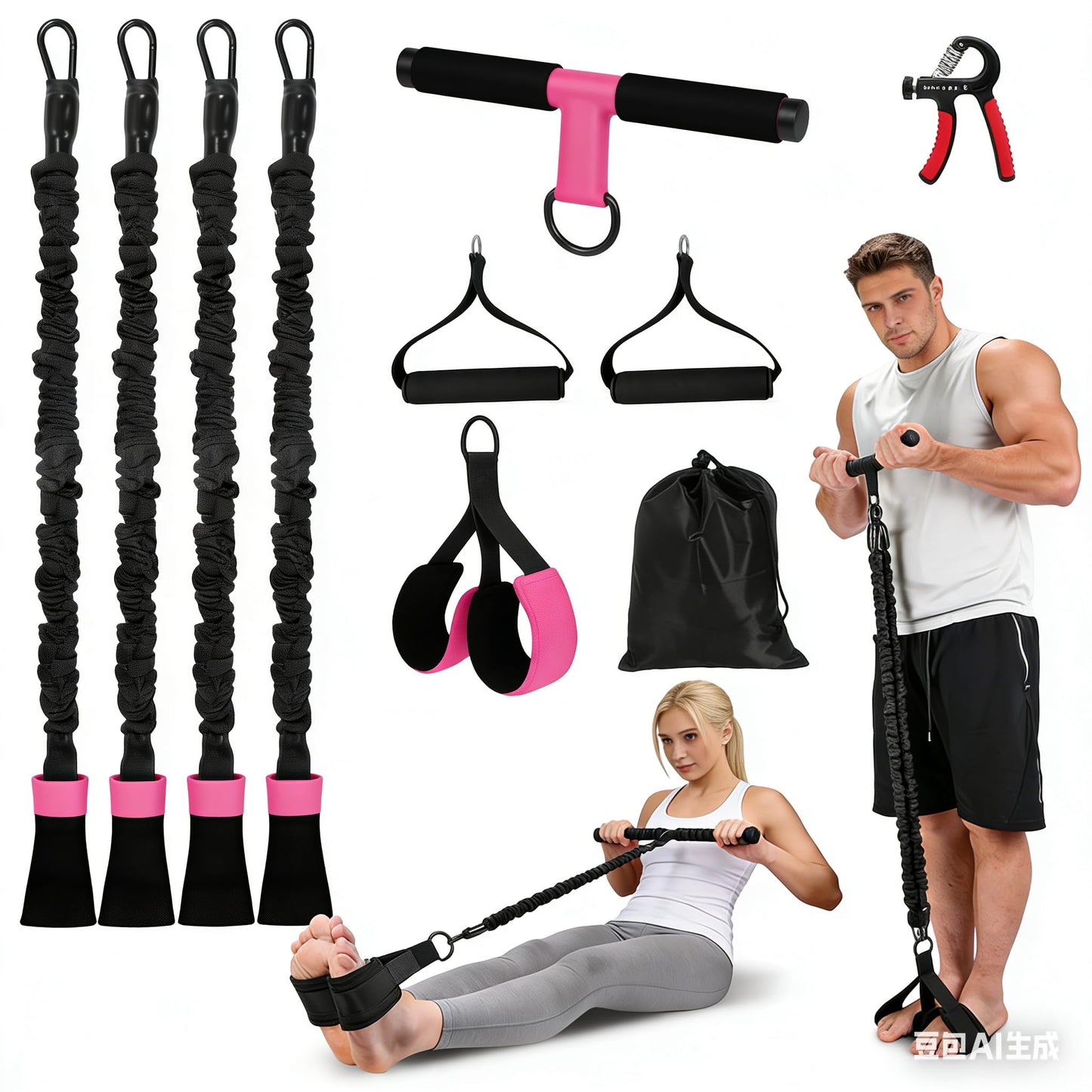 Upgraded Multifunction Pedal Resistance Band with Handle, 4 Tube Adjustable Tube Foot Pedal Device Puller Exercise Bands, for Abs Arm Leg Waist Workout, Sit Up Fitness Equipment for Full Body Training
