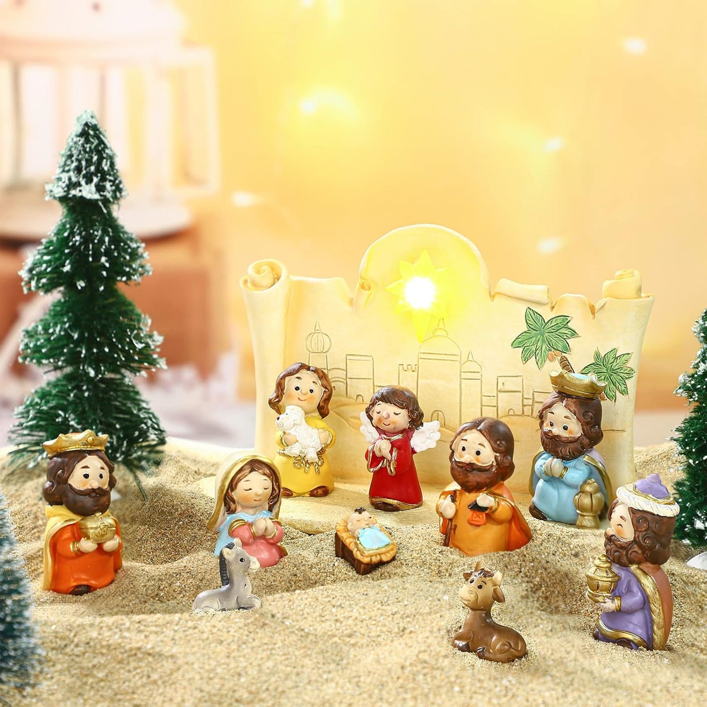 Skiennix Mini Christmas Nativity Set - 11 Colorful Figurines with Light & Rearrangeable Manger Decor