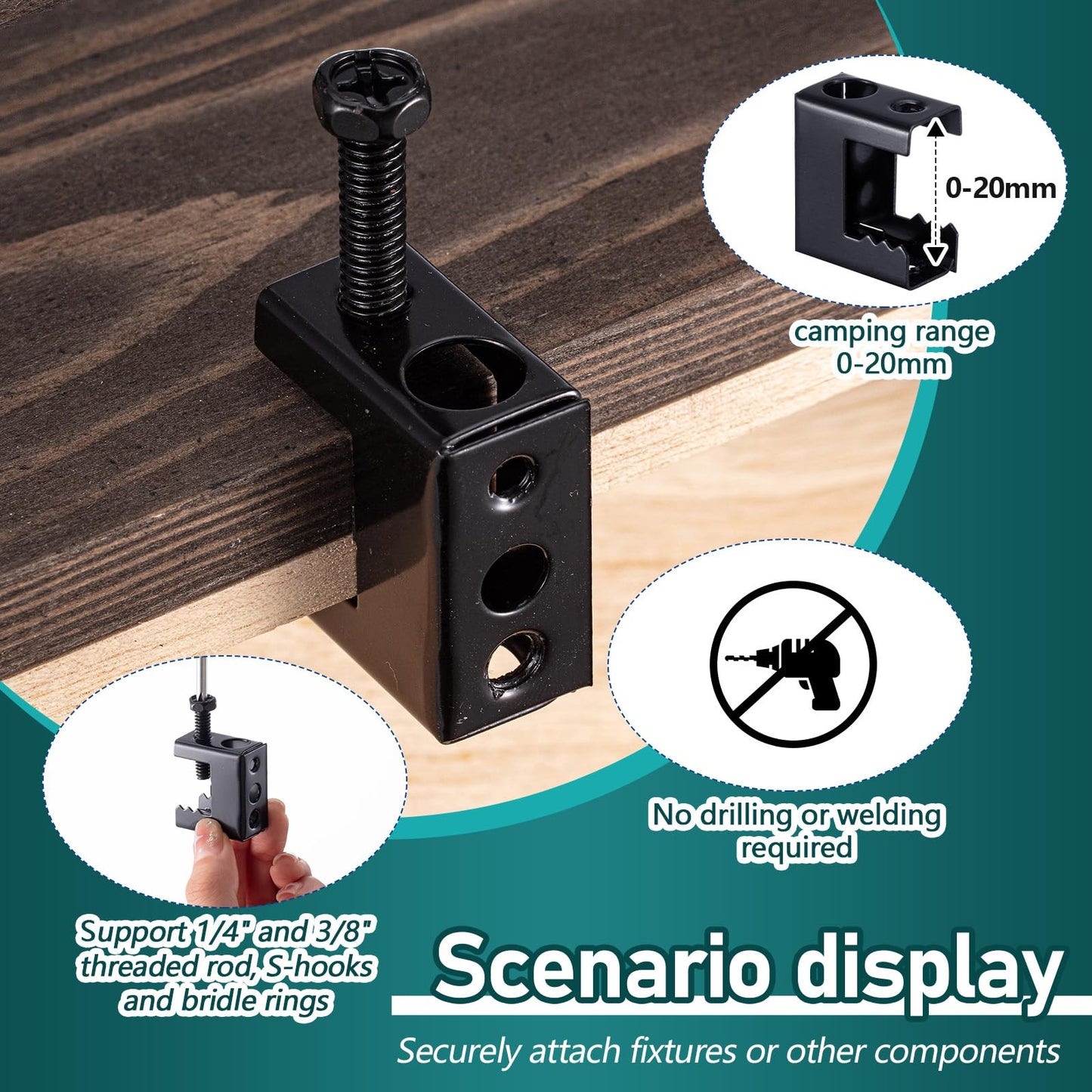 Tandefio 400 Pcs 1/4"-20 Spring Steel Beam Clamps Metal Beam Hangers Bolt on Clamp for Installation on Beams 1/4" and 3/8" Threaded Rod, S Hooks Bridle Rings for Pipe Cable Woodworking Tool (Black)
