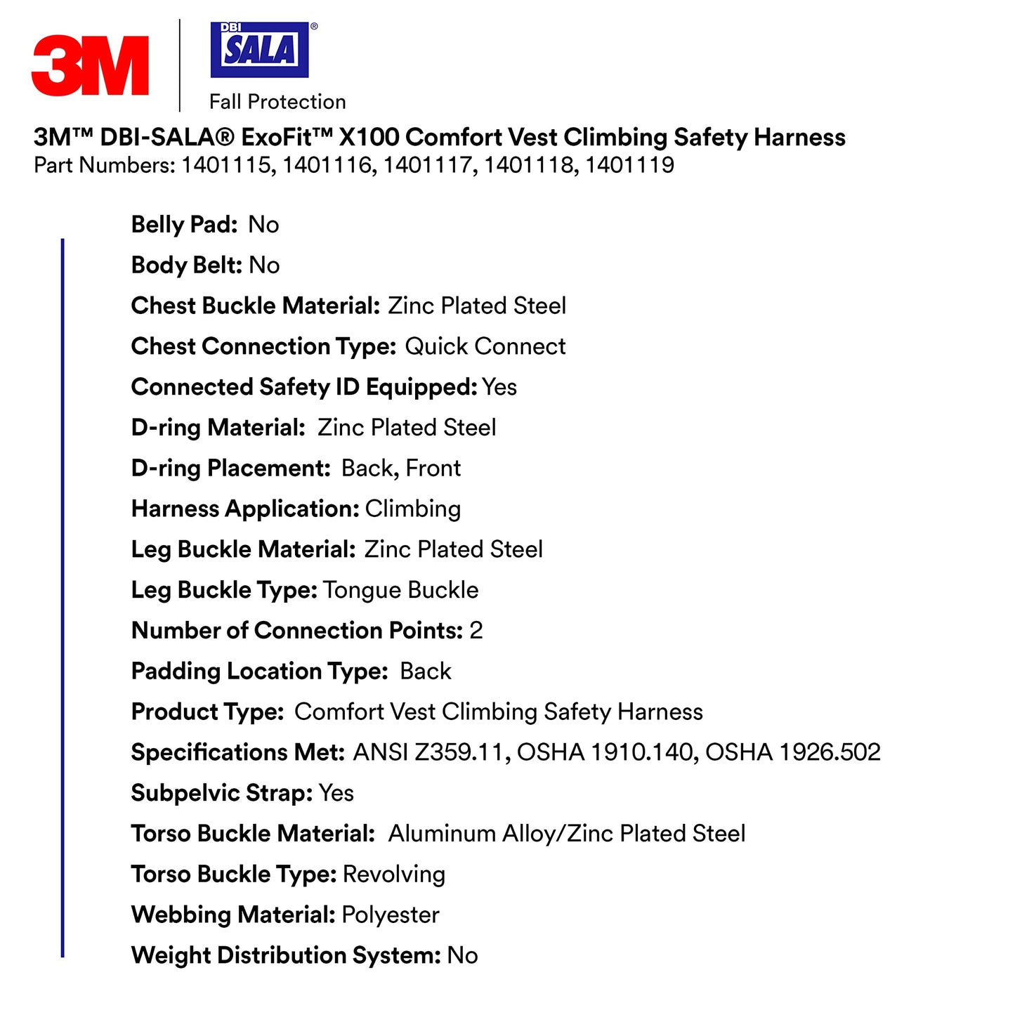 3M DBI-SALA ExoFit X100 Comfort Vest Climbing Harness Fall Protection, OSHA, ANSI, Front and Back D-Rings, Tongue Buckle Leg Straps, Quick Connect Chest Buckle, Zinc Plated Steel, 1401117, Large