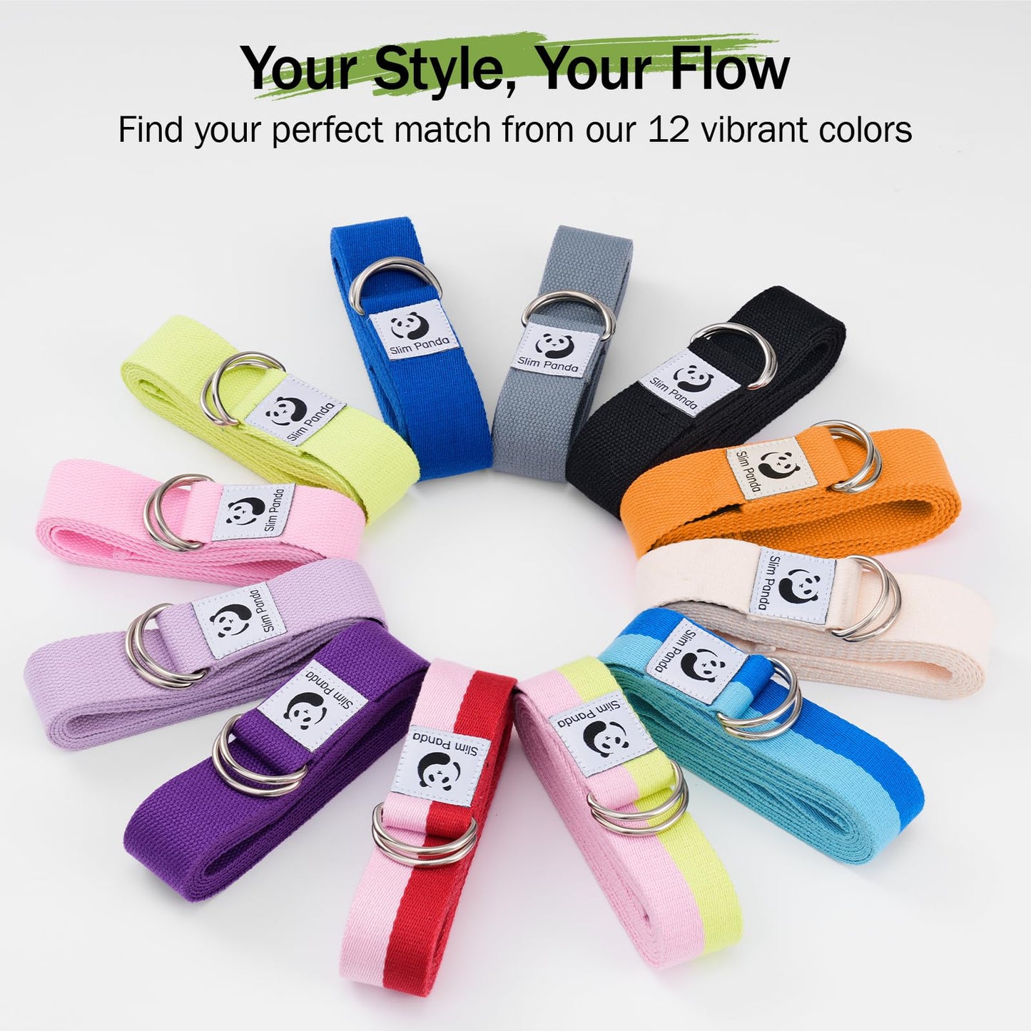 Slim Panda Yoga Strap for Stretching,Cotton Yoga Strap with Adjustable D-Ring Buckle,Non-Elastic Yoga Belt for Pilates,Gym Workouts,Physical Therapy,Improve Flexibility