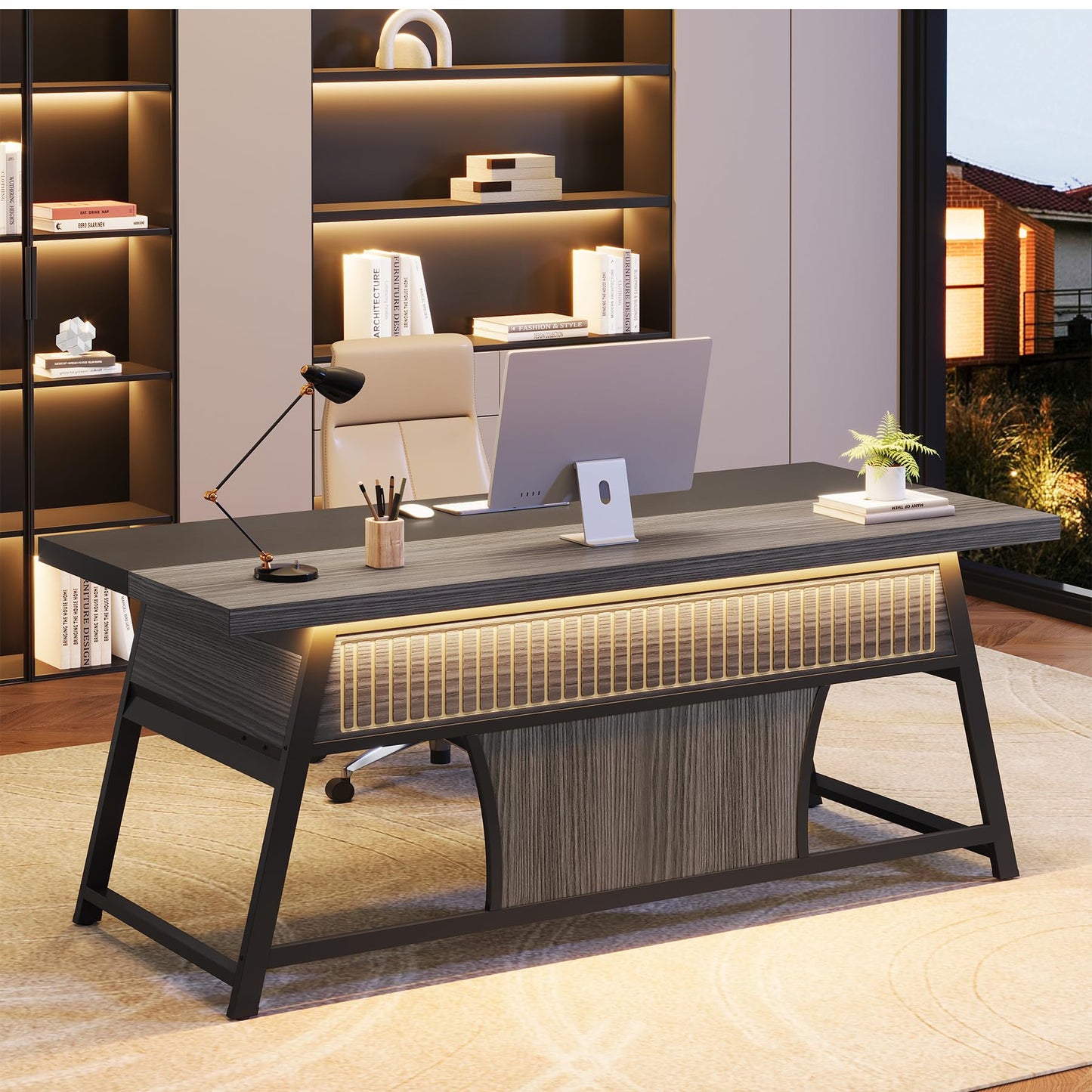 Condemo 63-inch Executive Desk with Storage Shelf, Large Home Office Desk with Metal Frame & LED Light, Long Computer Desks for Home Office, Gray and Black