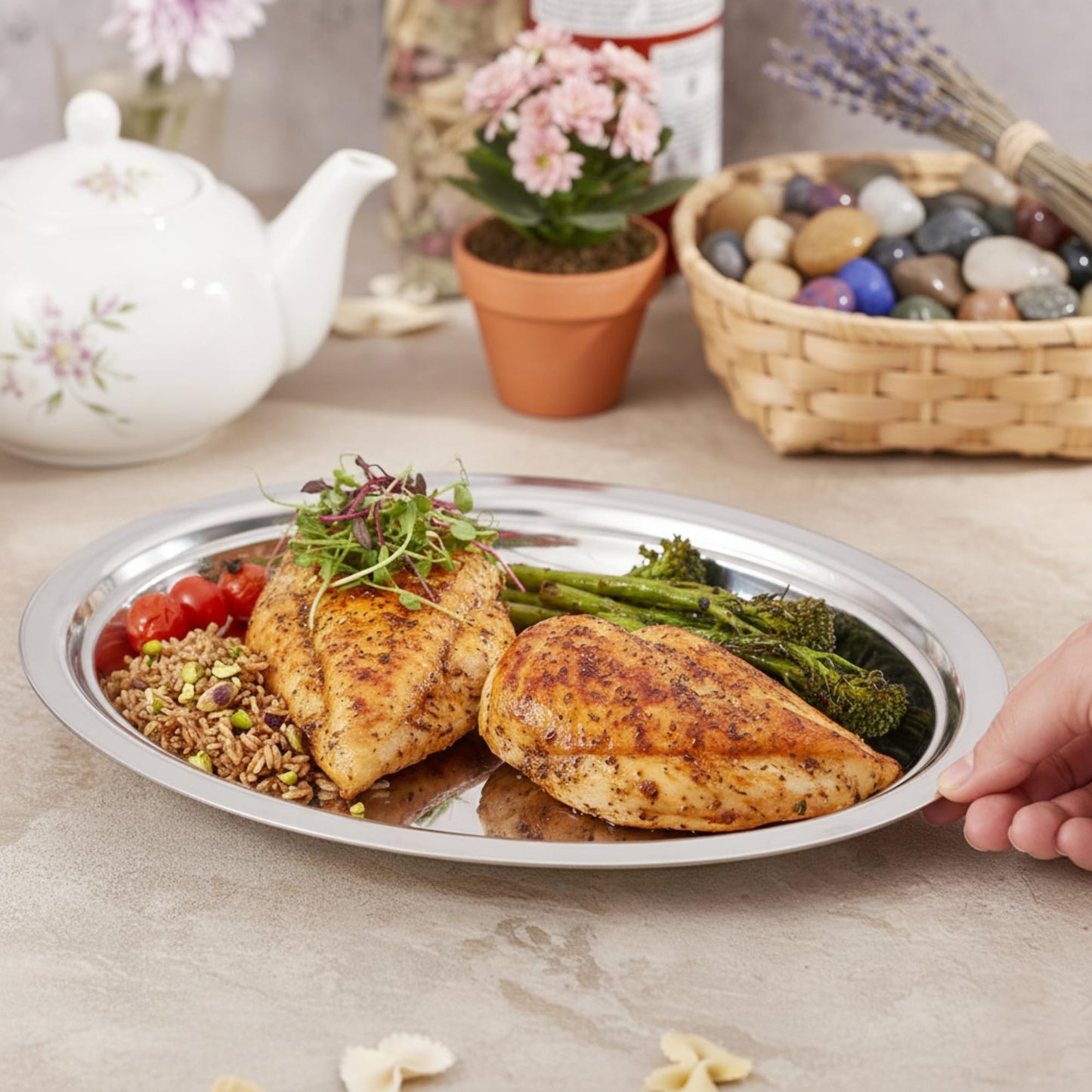 Chandler Stainless Steel Serving Tray 14 Inches | platters and trays for parties, Premium Oval Silver Platter for Serving Food, Party Trays, Turkey Platter