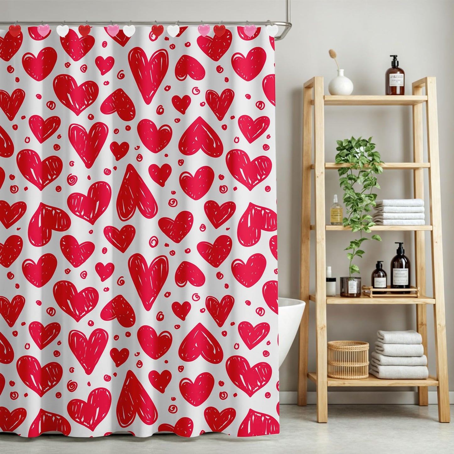 Whaline 12Pcs Valentine's Day Shower Curtain Hooks Decorative Heart Resin Shower Rod Rings Heart-Shaped Anti Rust Curtain Hanger Hooks for Living Room Bedroom Bathroom Decor