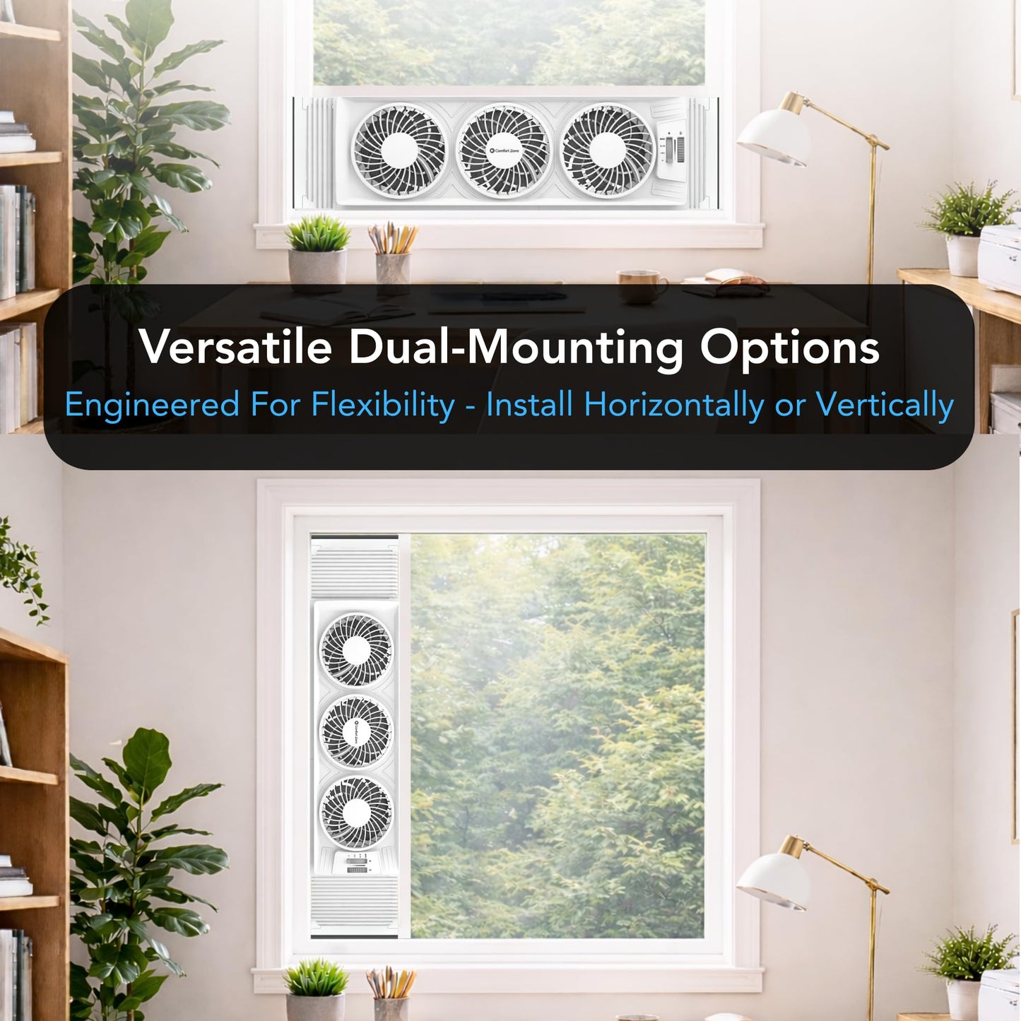 Comfort Zone Triple Window Fan with Adjustable Thermostat | 3-Speed High-Velocity Cooling | Horizontal or Vertical Manual Control | Fits Double Hung Windows (Min 25" x 8") | Fully Assembled | White