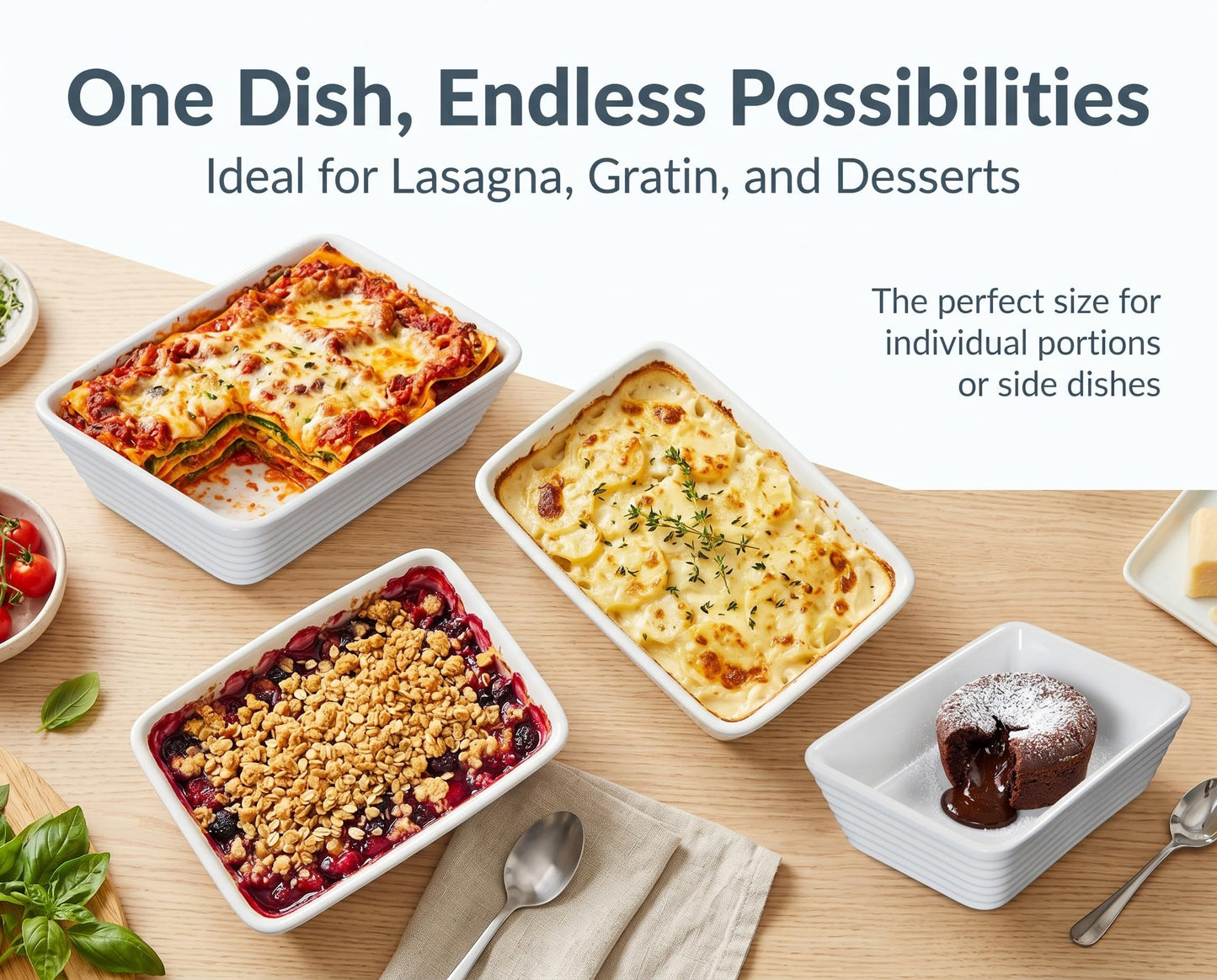 ONEMORE Small Baking Dish, Rectangle Ceramic Baking Dish for Oven, Individual Casserole Dishes for Toaster Oven, 5x7 Small Deep Lasagna Baking Dish, Oven Safe, 1-2 Person Baking Dishes Set of 4, White