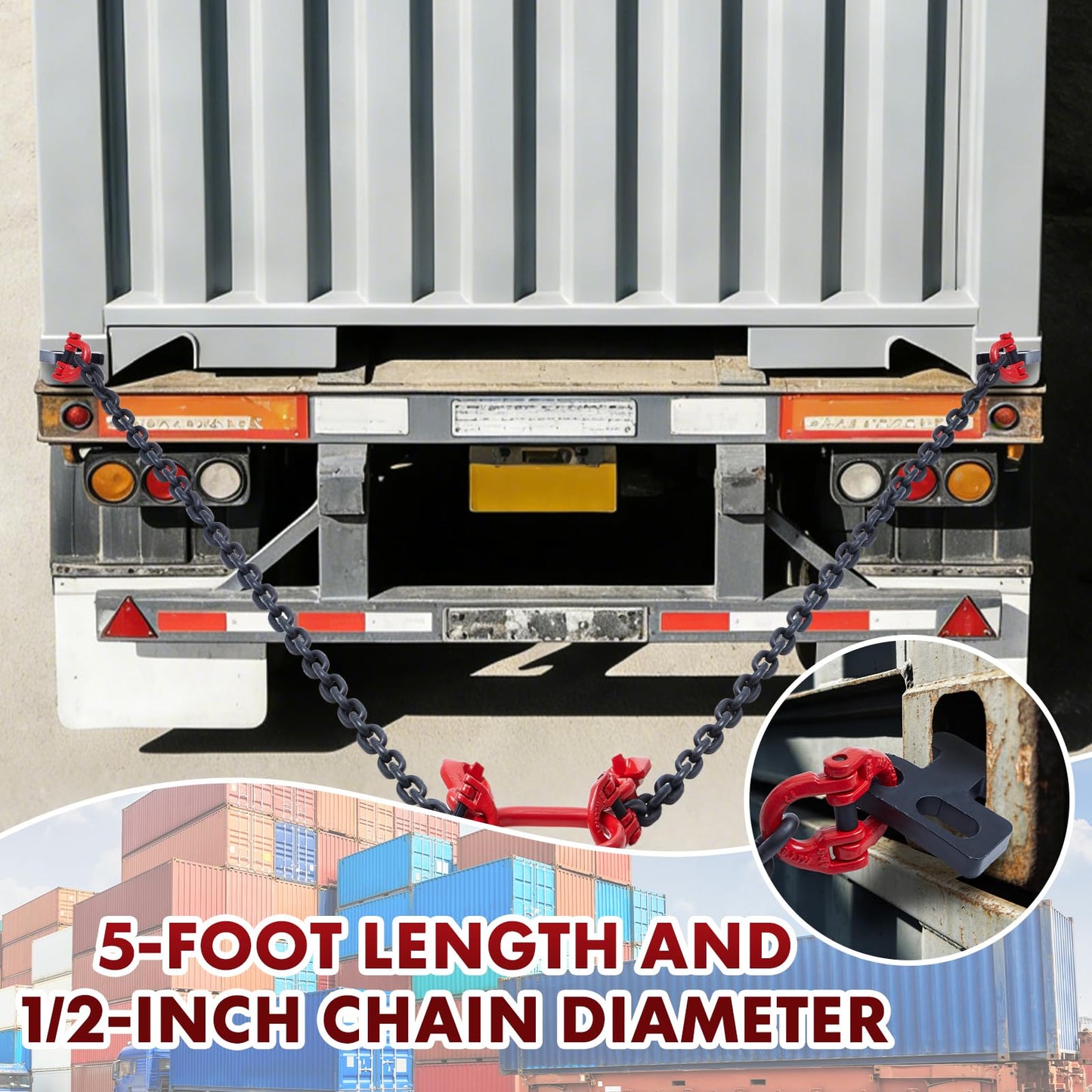 G80 Shipping Container Loading Chain (1/2" x 5'), Container Hooks with Hot Dip Galvanized V-Chain, Suitable for Cargo, Safety Locking Hooks for 20ft/ 40ft Shipping Containers, Trailers, Heavy Cargo