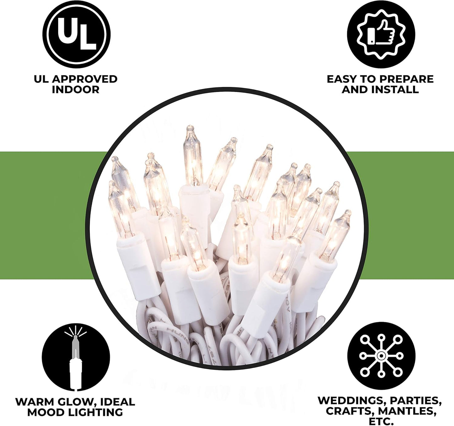 612 Vermont Christmas String Lights - Clear 35 Count on White Wire | UL Approved for Indoor Use, 7.5 Ft Total Length
