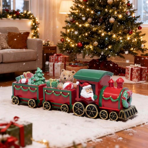 Hodao Christmas Train Decorations - Hand-Painted Santa Claus Gift Train with Teddy Bear & Tree | Festive Home Décor