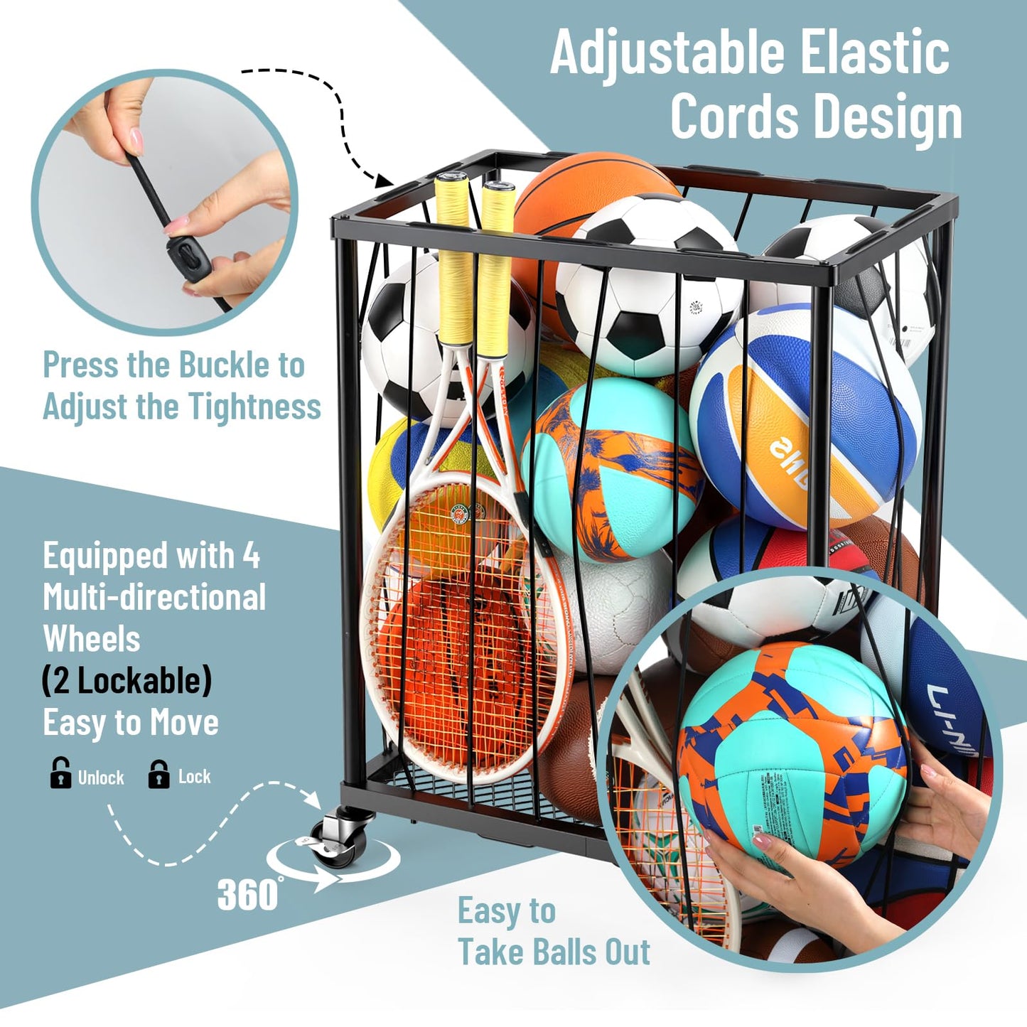 TomCare Garage Ball Rolling Storage Rack Large Capacity Basketball Holder with Elastic Rope [Hold 12-15 Balls][Easy to Take] Garage Sports Equipment Organizer cart with Wheels for Home, Outdoor Use