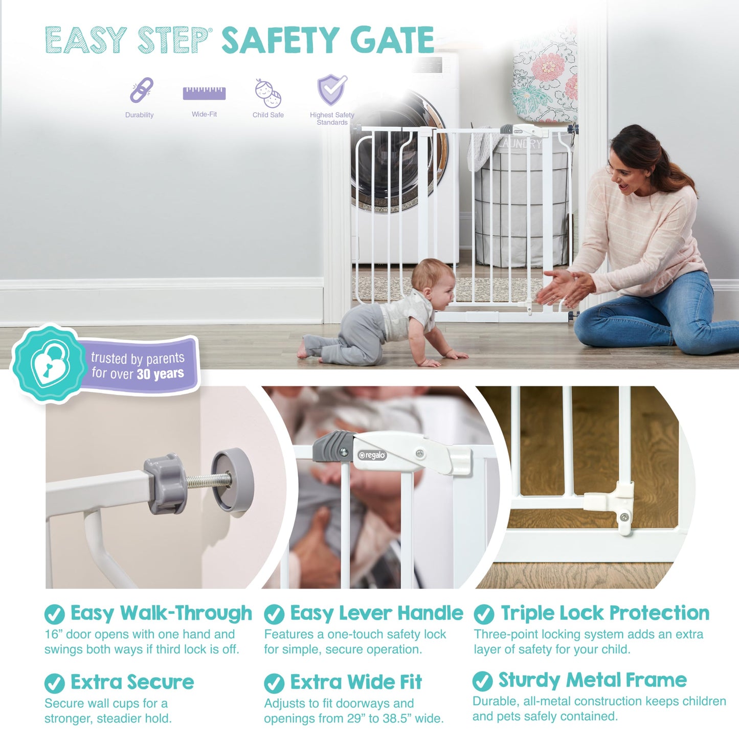 Regalo Safety 29-38.5" Baby Gate for Doorways & Bottom of Stairs, Pressure Mounted Baby Gate with Door for Babies, Toddlers & Pets, Tested & Safe for 30 Years, American Designed, American Owned, White