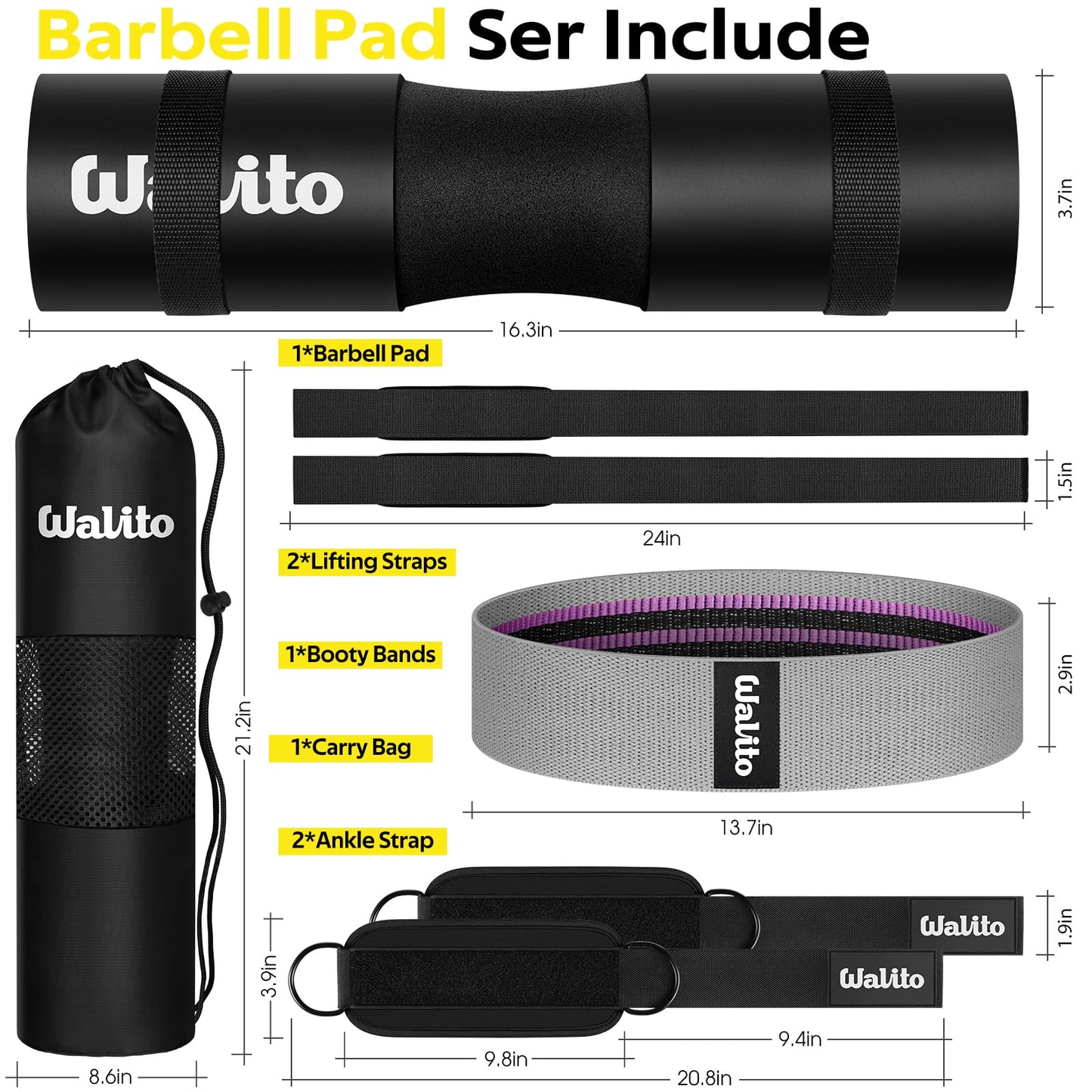 WALITO 8Pcs Barbell Pad Set for Hip Thrust - Squat Pad,Gym Accessories for Women with Bar Bad,Bench Press, with Gym Ankle Straps,Resistance Bands for Working Out,Lifting Strap,Carry Bag (Black)