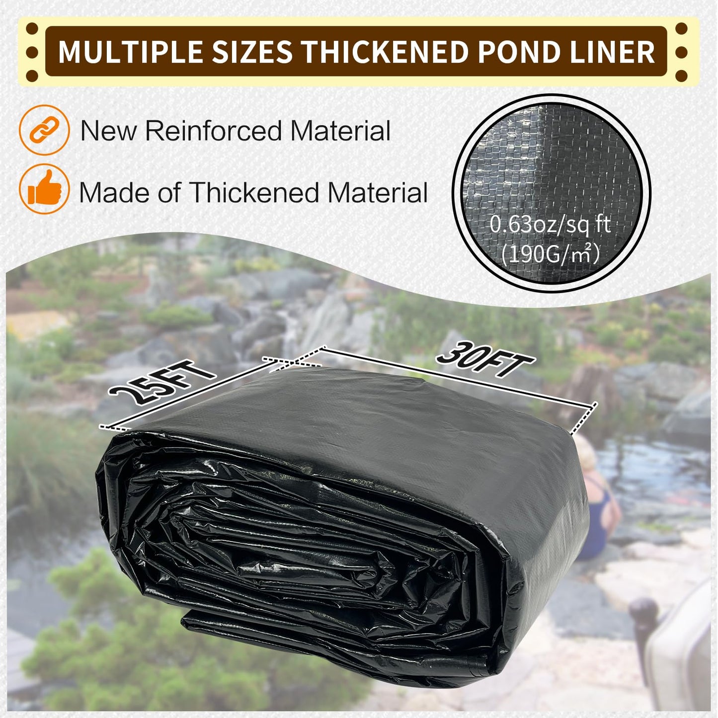 yeezoo 25x30FT Reinforced Large PE Pond Liner, KOI Pond Liners for Outdoor Ponds, Enhanced 5-Layer Structure Pond Liner for Fish, Duck, Garden Raised Bed and Waterscape Pond(0.63oz/sq ft Thickness)