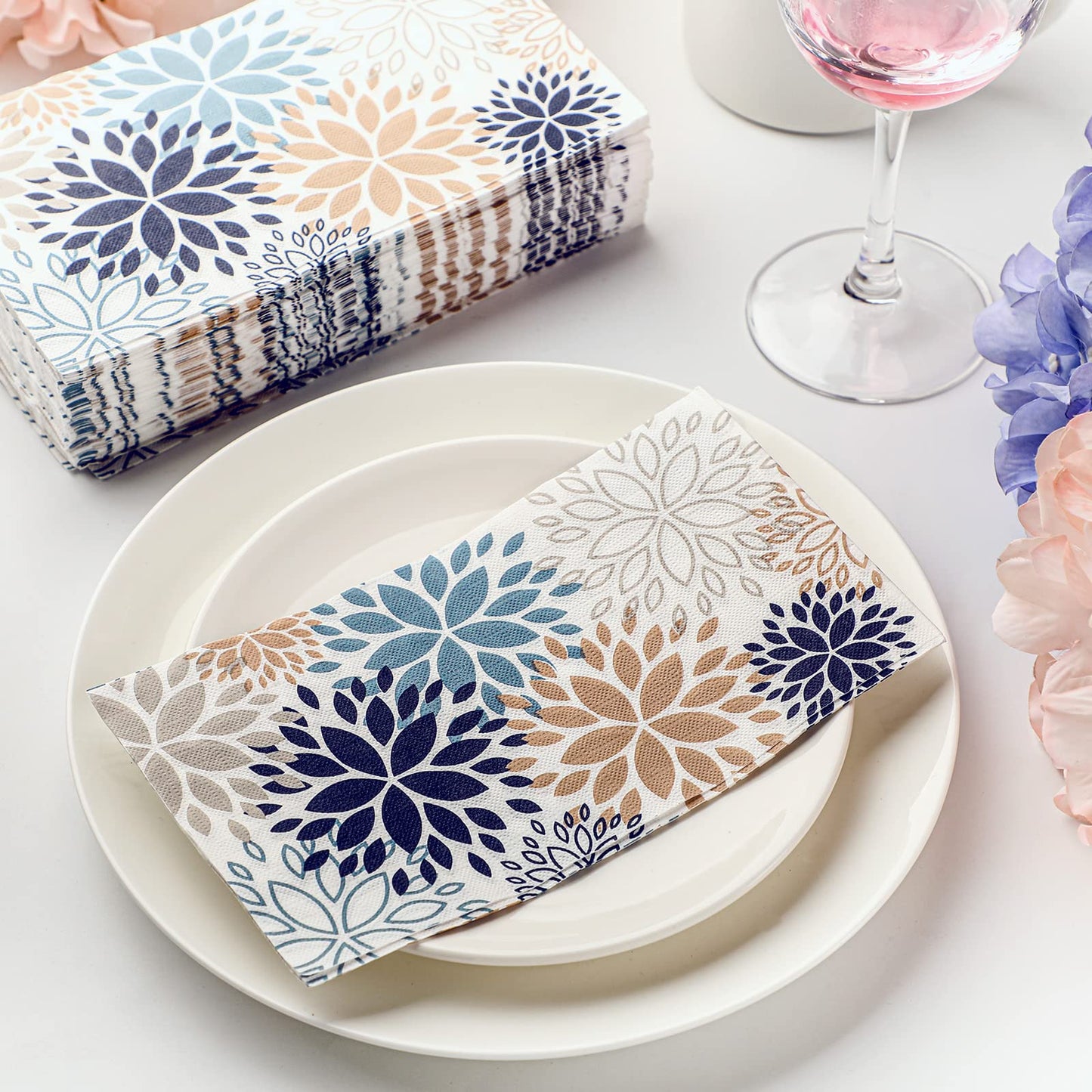 Karenhi 200 Pcs Floral Hand Paper Towel 2 Ply Dahlia Flower Guest Napkins Spring Guest Paper Napkins for Bathroom Disposable Hand Towels for Wedding Bridal Baby Shower Birthday Party