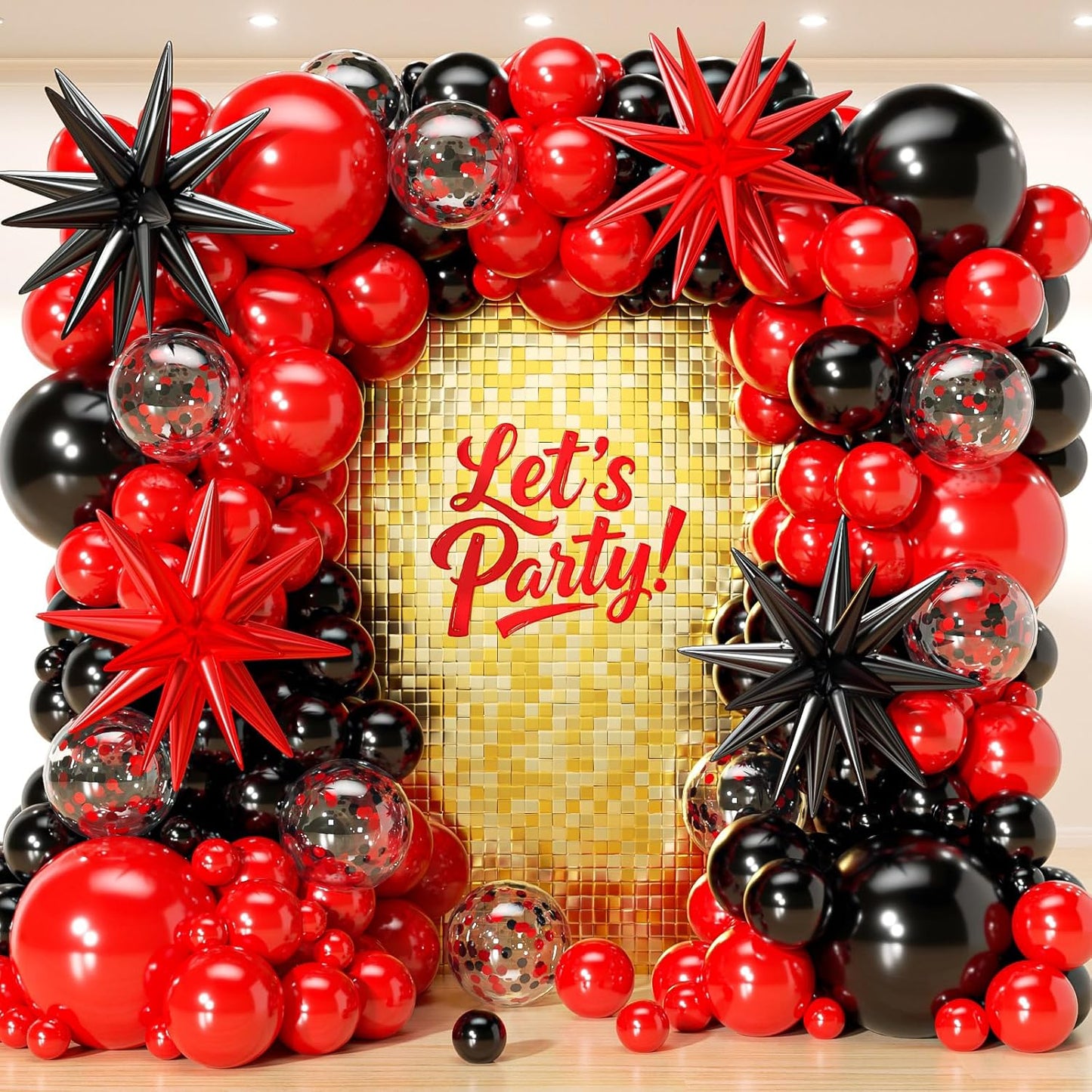 153Pcs Red & Black Balloon Garland Arch Kit - Stars & Confetti Latex Balloons for Birthday, Graduation & Party Decor