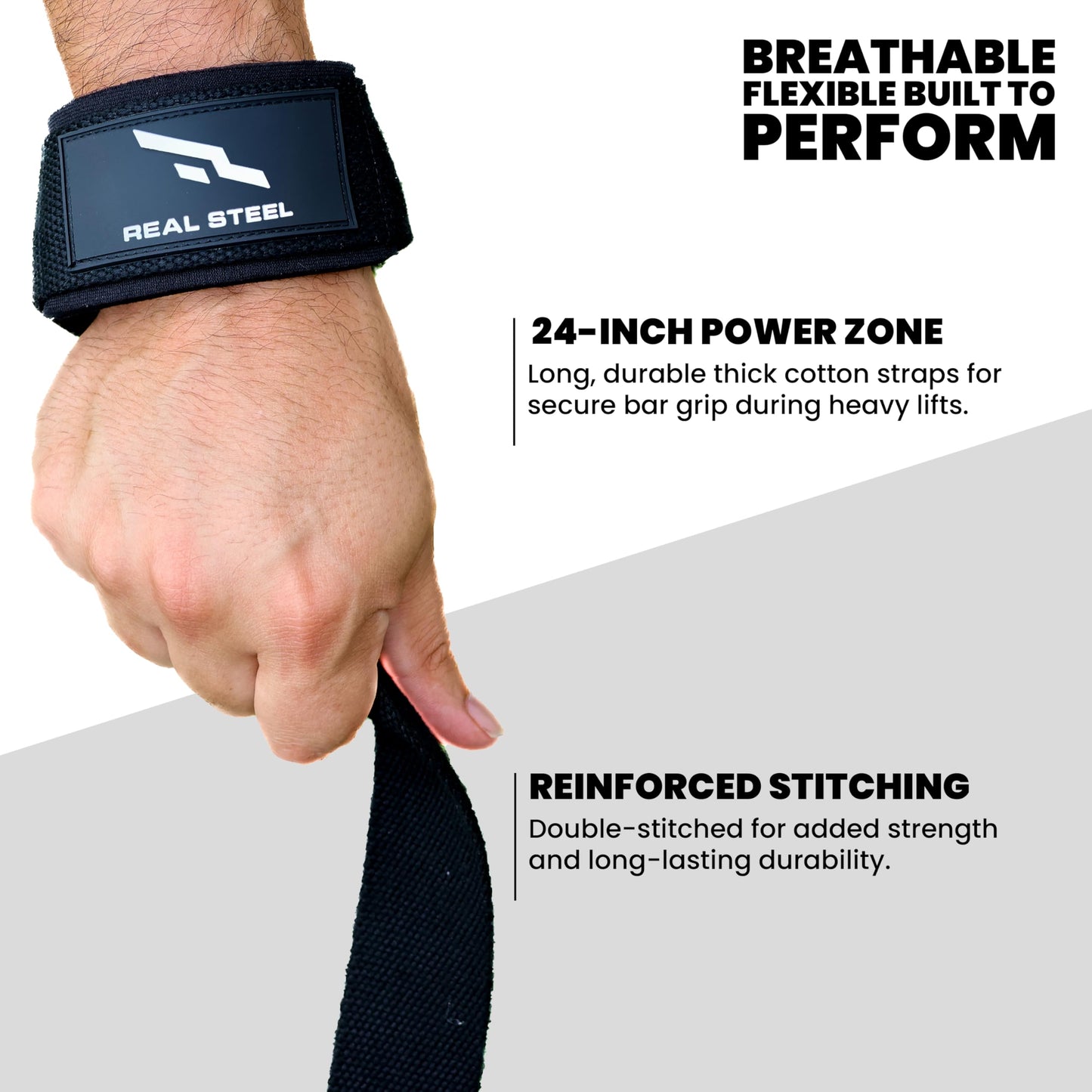 Real Steel Lifting Wrist Straps for Weightlifting - 24" Cotton Weight Lifting Straps for Men and Women for Deadlifts, Bodybuilding, Powerlifting - Padded Neoprene Gym Hand Grips - Black