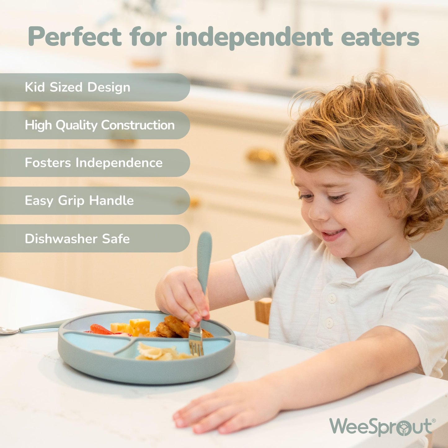 WeeSprout Toddler Utensils, 3 Forks & 3 Spoons, 18/8 Stainless Steel & Food Grade Silicone, Thick Easy-Grip Handles, Perfect Length For New Self Feeders, Gentle On Gums & Teeth, Dishwasher Safe