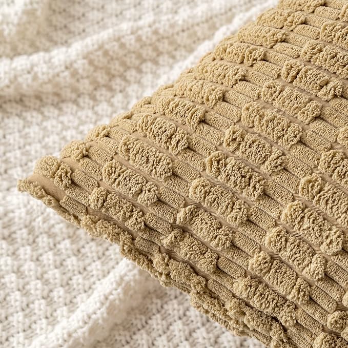MIULEE Pack of 2 Corduroy Decorative Euro Sham Throw Pillow Covers 22x22 Inch Soft Boho Striped Pillow Covers Modern Farmhouse Home Decor for Sofa Living Room Couch Bed Khaki