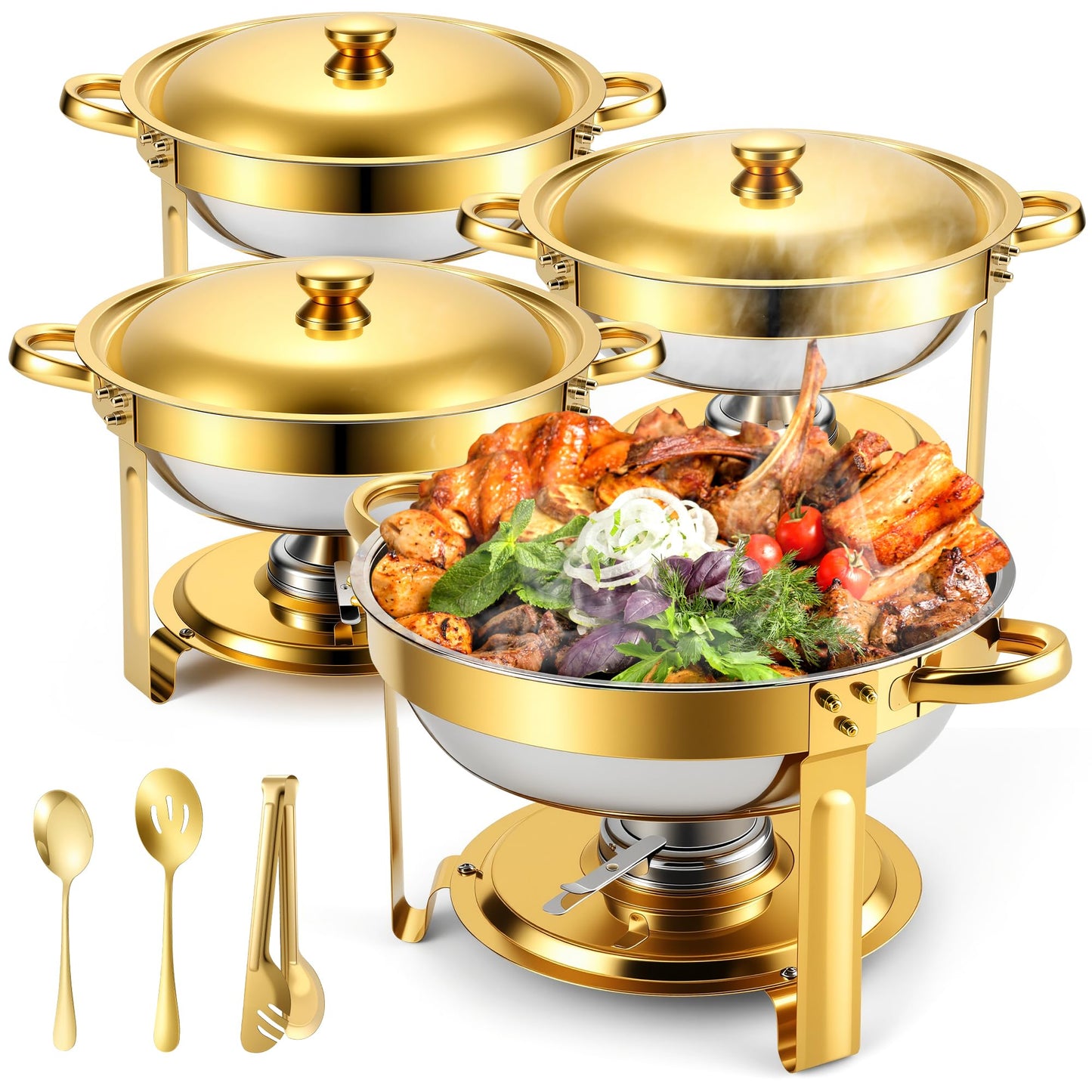 Chafing Dishes Buffet Food Warmer - Parties Servers Trays Catering Dish Warming Display Set - Chafers Keep Warm Serving Tray Round Heating Kit with Burners 4 Set Gold