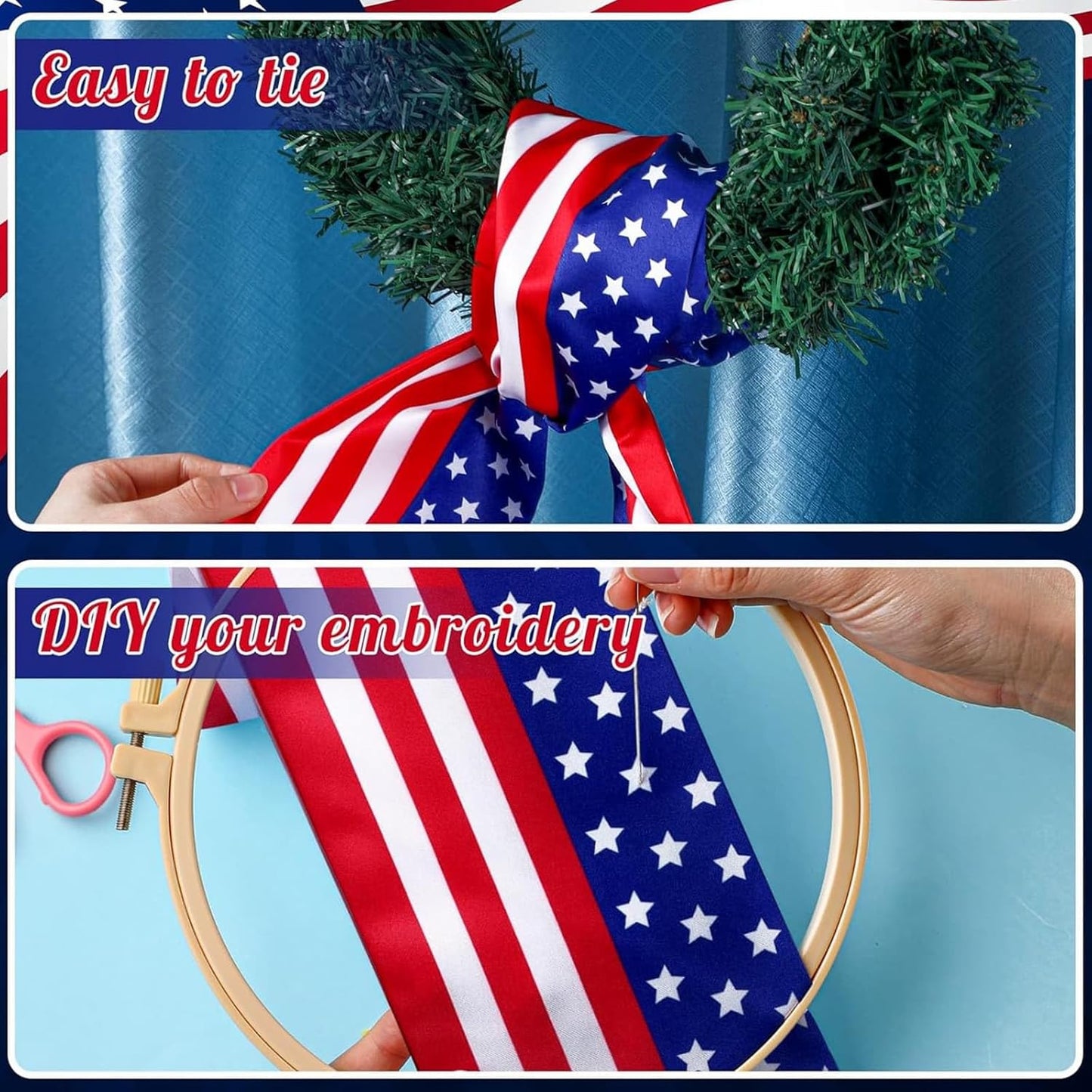 YKW Patriotic Wreath Sash - American Flag Fine Linen Ribbon, 5" W x 55" L | 4th of July Decor