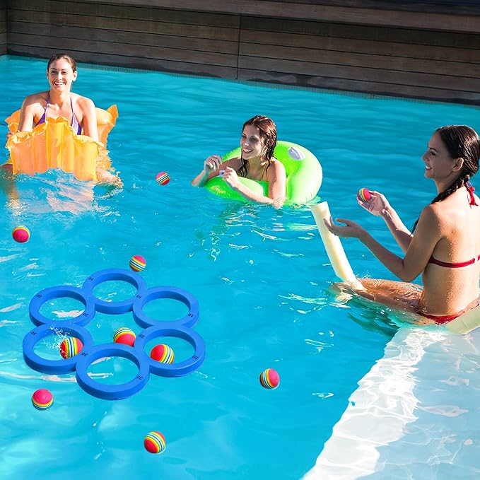 Hiboom Pool Game with Score, Combo Foam Pool Floats with 10 Colorful Tossing Balls, Toss Game Swimming Party Toys Accessories for Family Par, Dive Rings (Round,Blue)