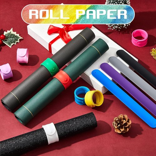 Leyndo Wrapping Paper Roll Holder Clips - 24 Silicone Snap Bands with Covered Metal Strips | 1 x 9 in for Gift Wrapping (Multi Colors)